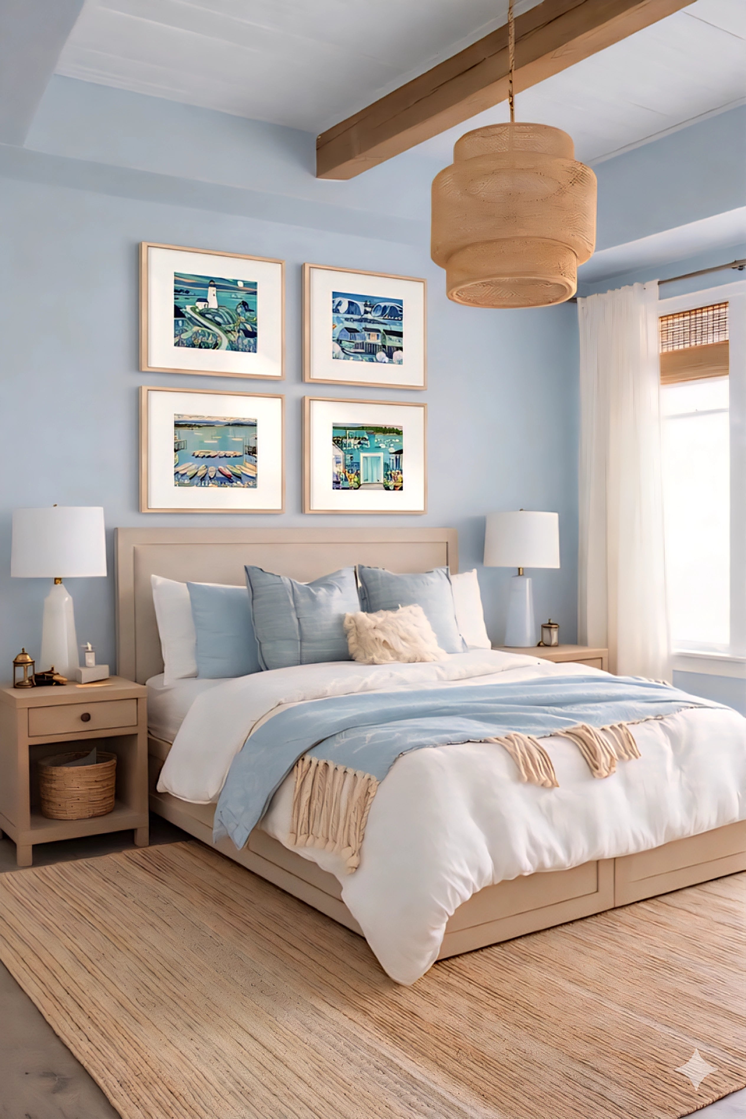 Coastal wall art set of 4 digital downloads displayed above a bed in a soft blue bedroom, featuring lighthouse, harbor boats, and seaside cottages in calming tones, styled with neutral bedding and natural textures for serene coastal decorinspo bedroom design