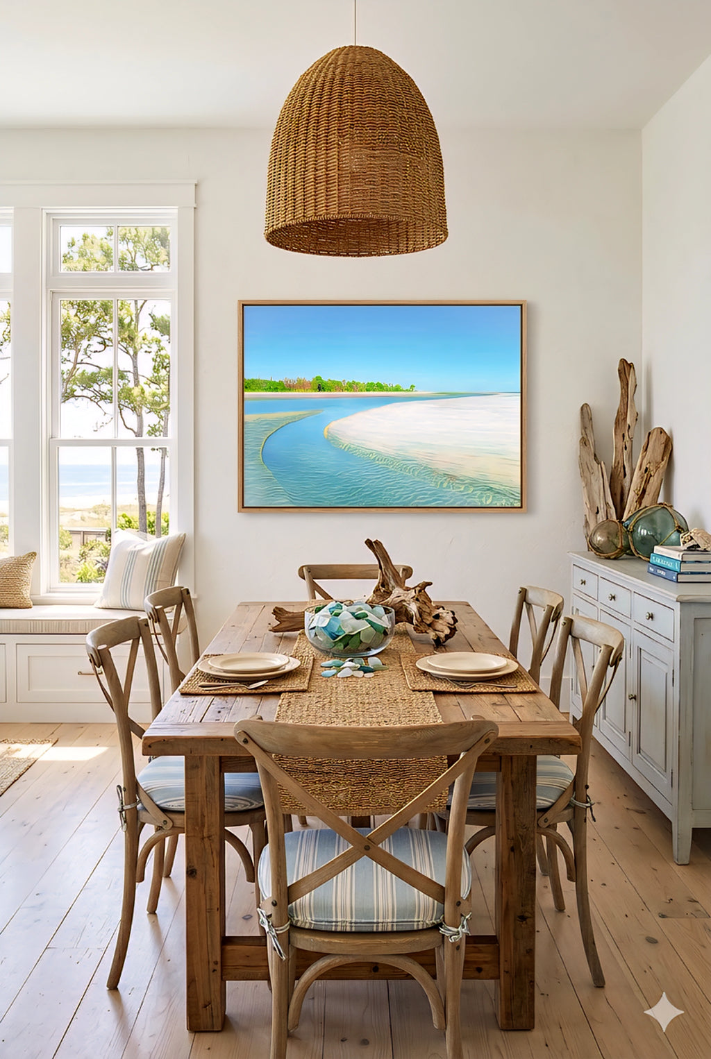 Coastal beach wall art in light-filled dining room with woven pendant, rustic wood table, driftwood decor, and turquoise shoreline print creating relaxed coastal decor style