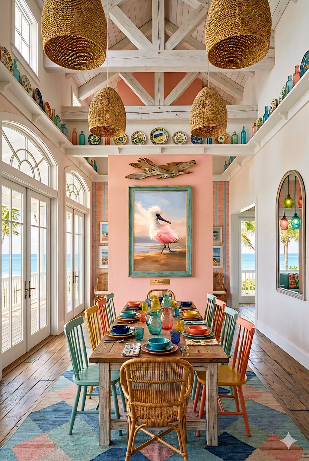 Coastal dining room decorinspo with colorful bird wall art digital download, pastel chairs, beach house interior, high ceiling wood beams, vibrant coastal dining space styling