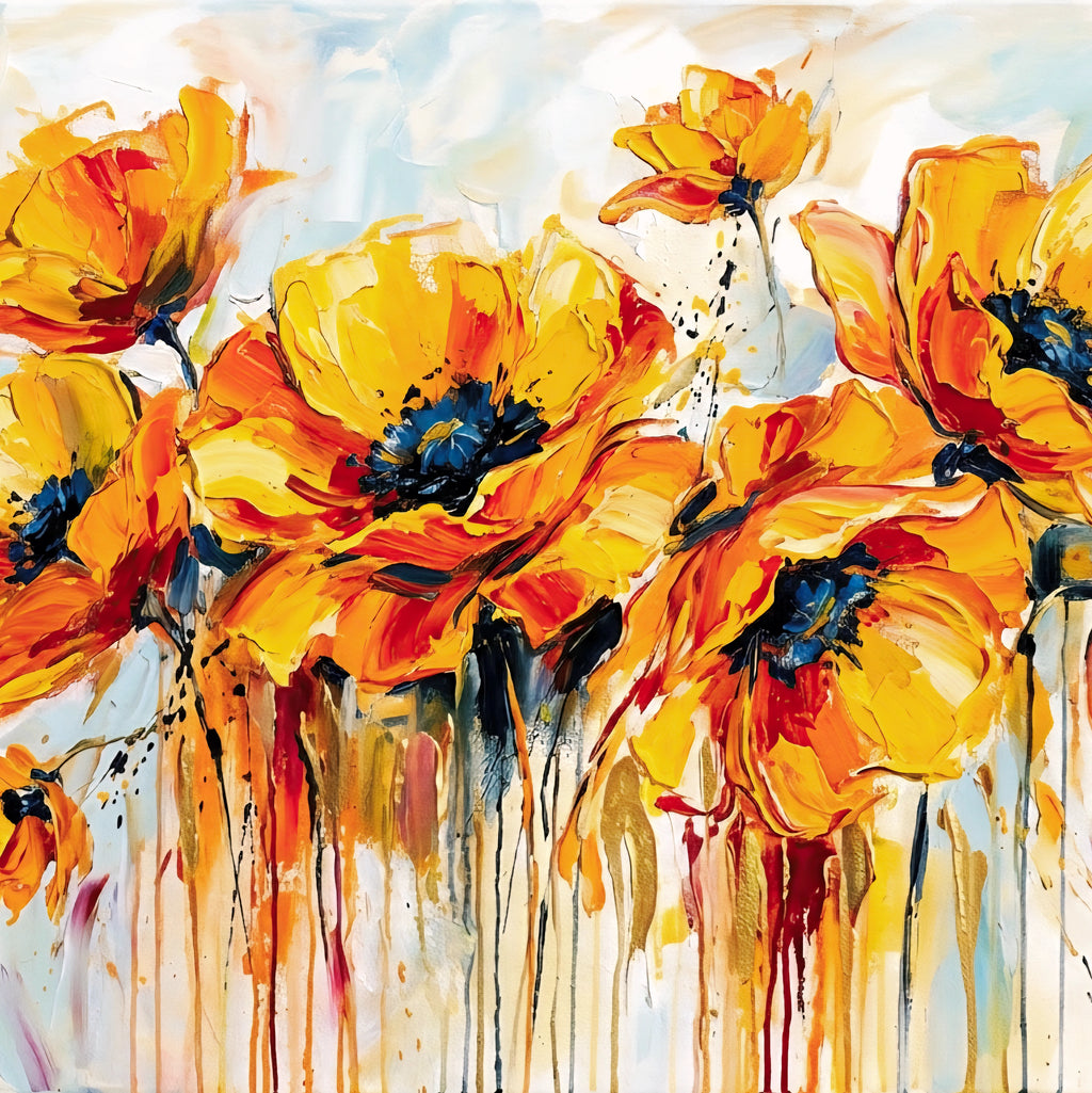 Bold yellow and orange abstract floral wall art with expressive painterly flowers and dripping paint texture, modern botanical artwork digital download.