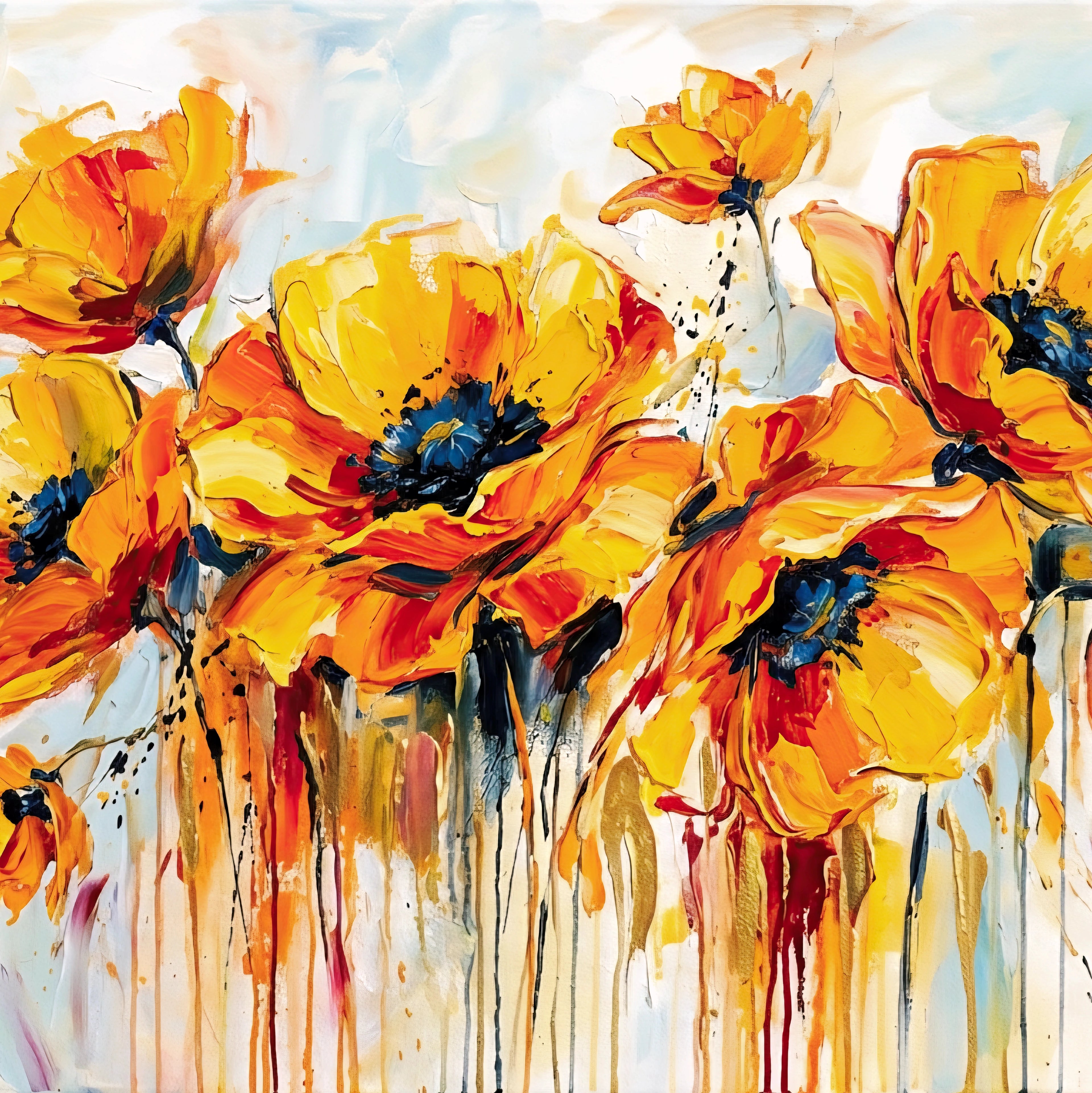Bold yellow and orange abstract floral wall art with expressive painterly flowers and dripping paint texture, modern botanical artwork digital download.