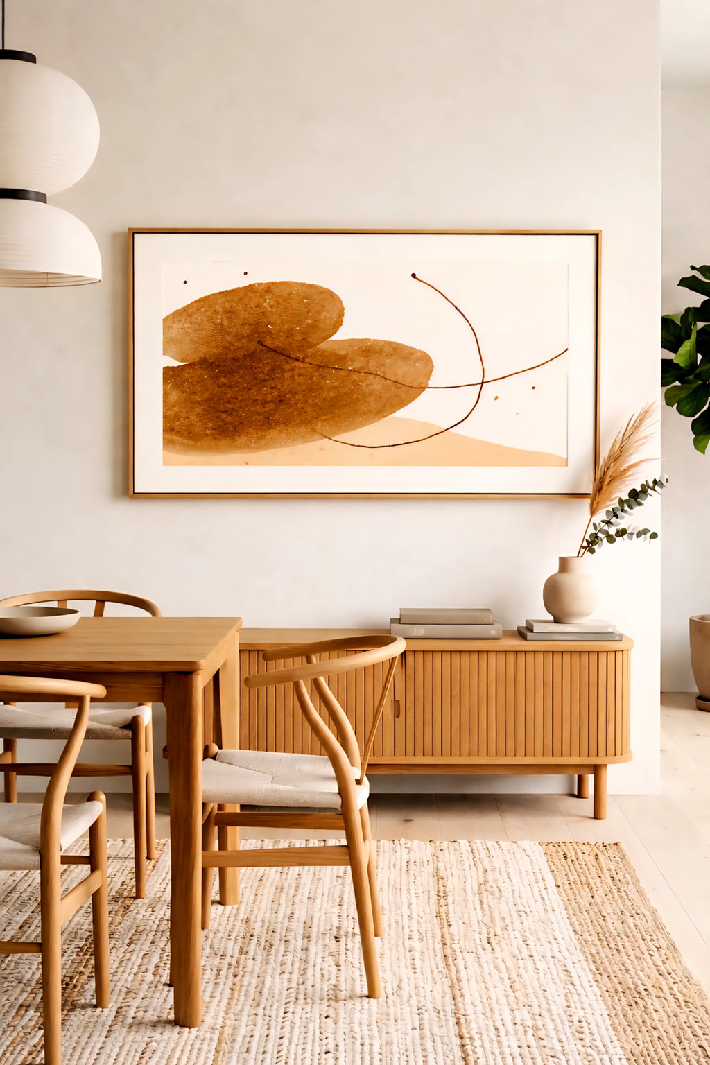 Neutral abstract wall art printable in horizontal frame above dining table in light wood modern dining room with soft earthy tones