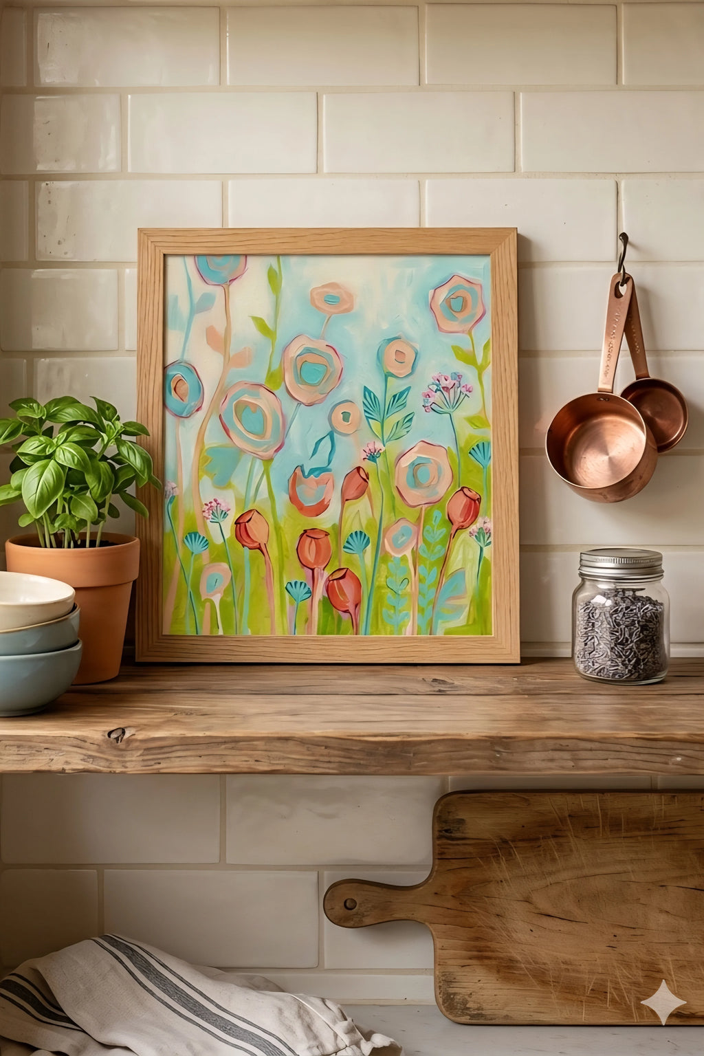 Pastel abstract floral wall art styled on kitchen shelf with wood frame, soft teal and blush tones add warm casual decorinspo