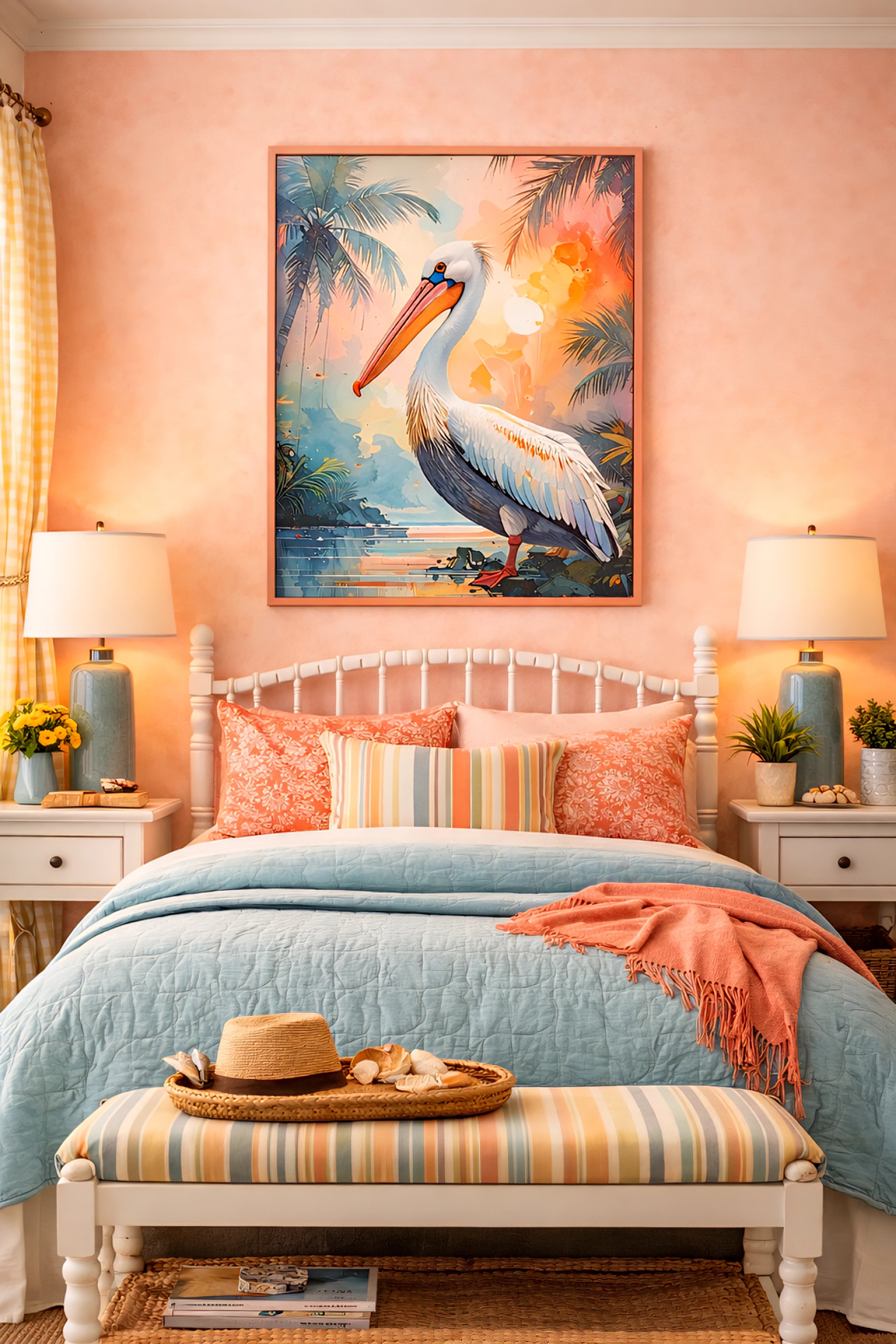 Coastal pelican wall art printable tropical bird digital download displayed above a bed