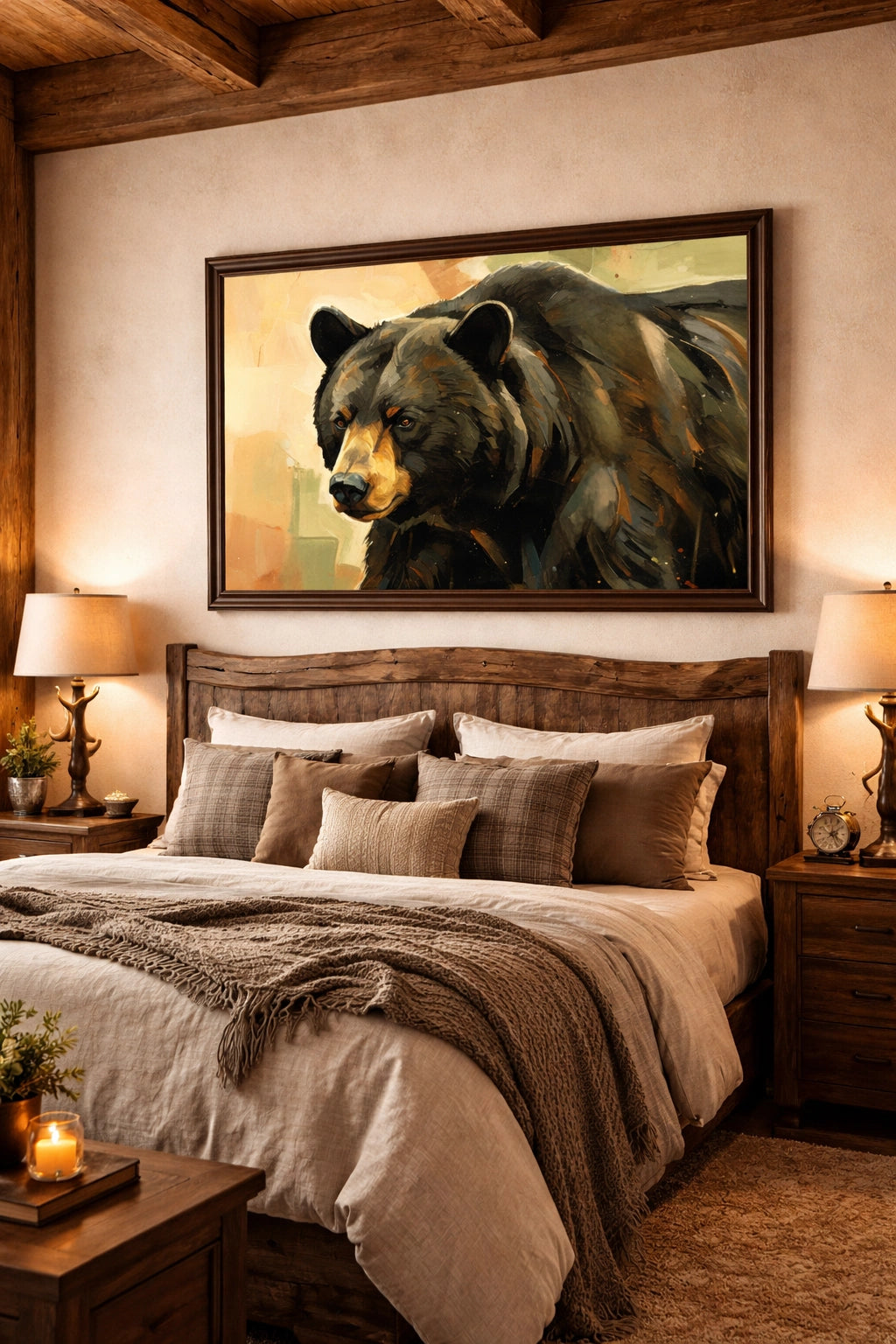 Black bear wall art above bed in rustic lodge bedroom with wood furniture and warm neutral bedding