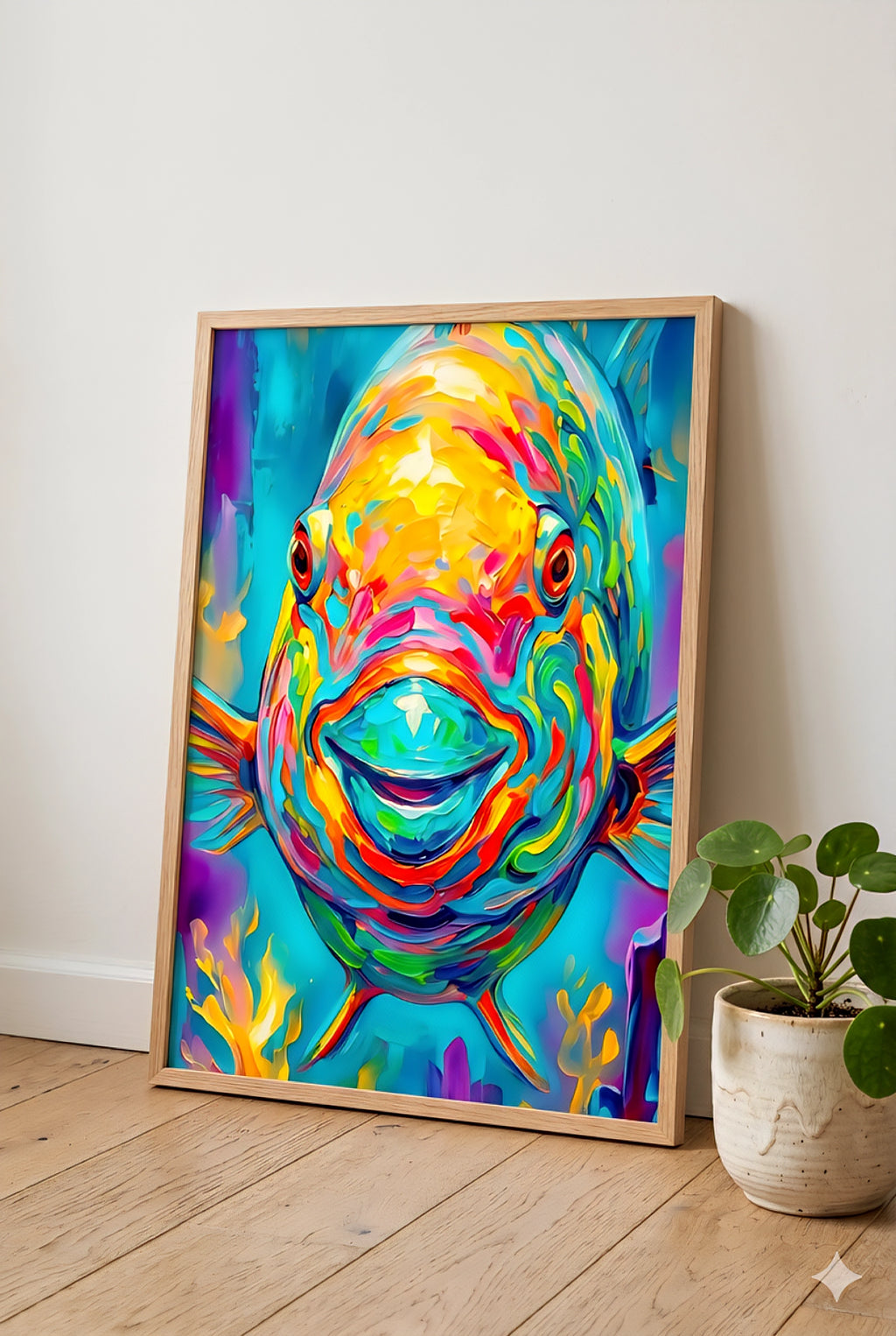 Savvy places colorful parrotfish wall art in bold neon tones displayed in a light wood frame leaning against a wall, vibrant tropical fish illustration styled in a minimal modern space with a potted plant and natural wood flooring.