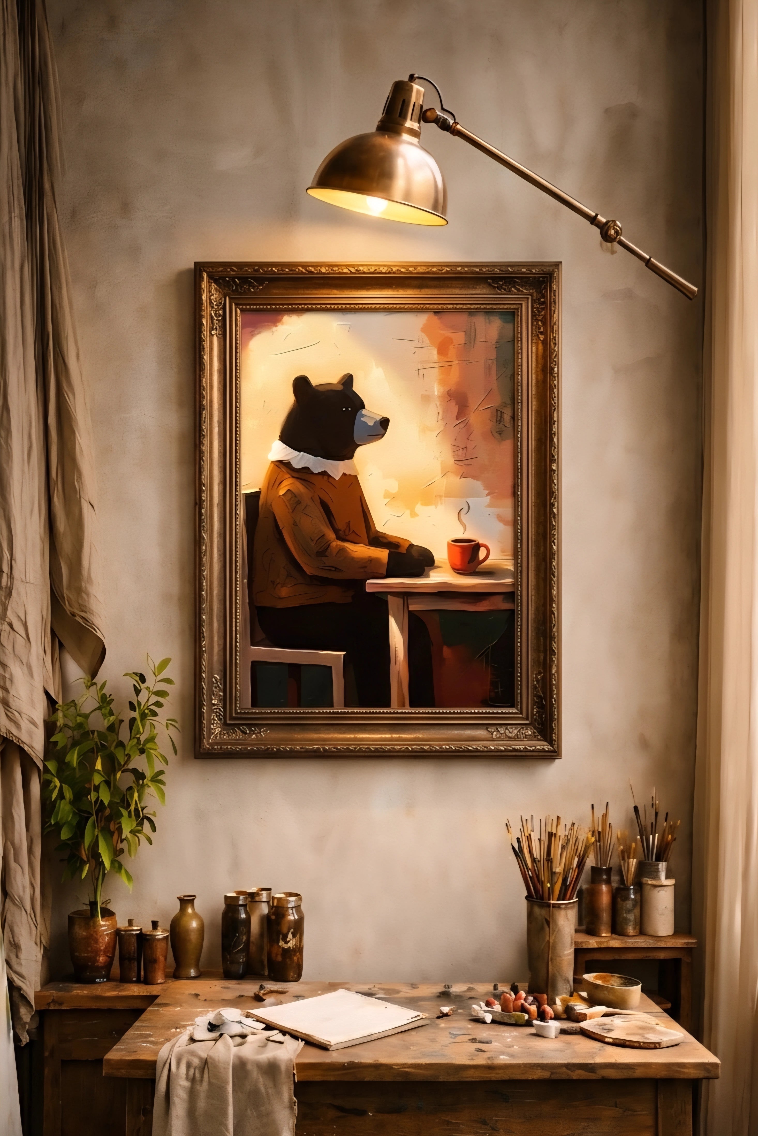 Savvy places framed bear wall art print in artist studio, cozy cafe animal illustration with warm tones styled above rustic workspace with lamp and brushes