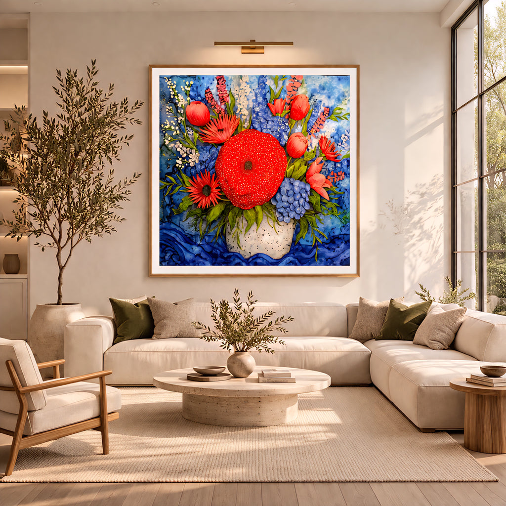 Colorful floral wall art digital download, bold red bloom abstract painting in modern neutral living room, horizontal artwork printable decor in 3 orientations