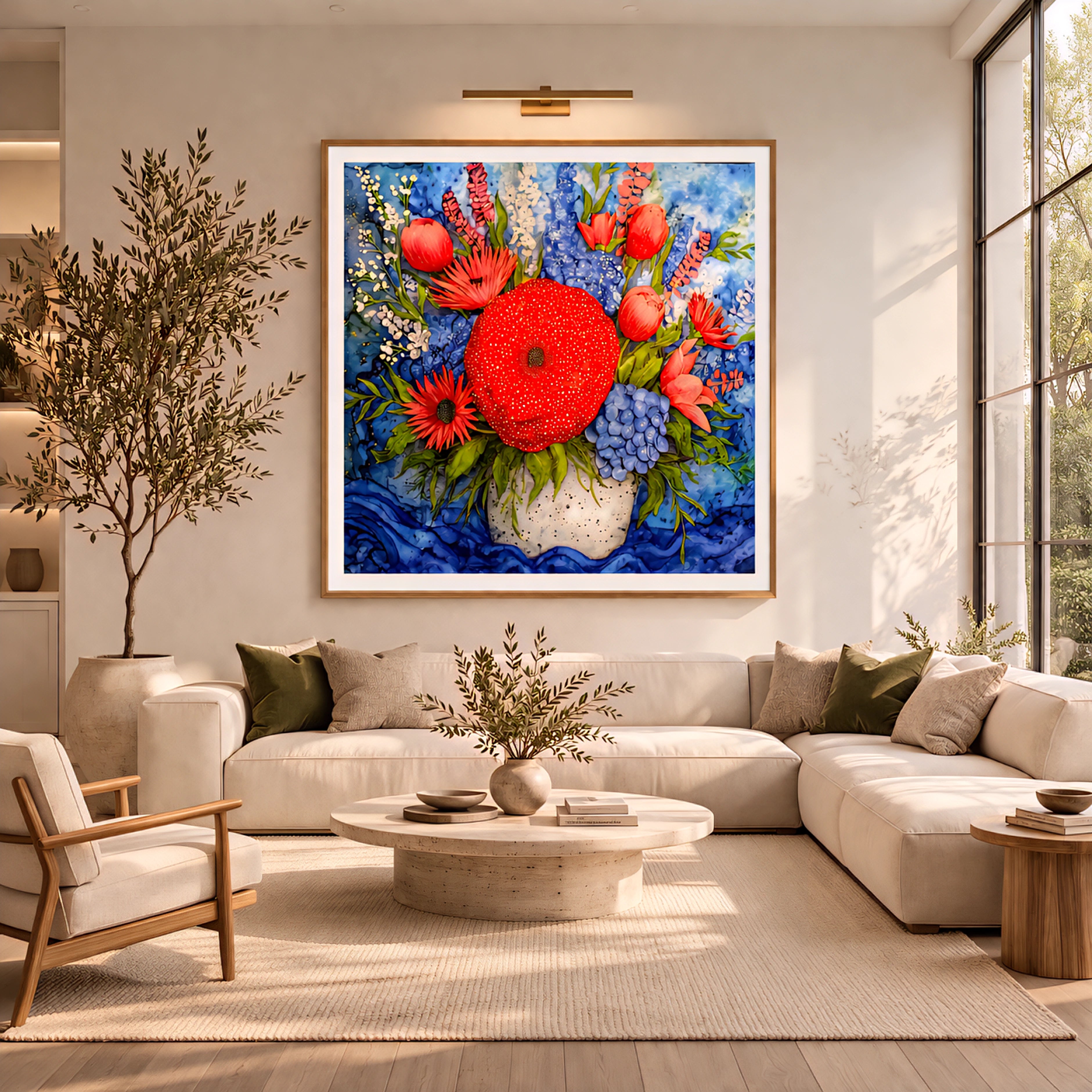 Colorful floral wall art digital download, bold red bloom abstract painting in modern neutral living room, horizontal artwork printable decor in 3 orientations