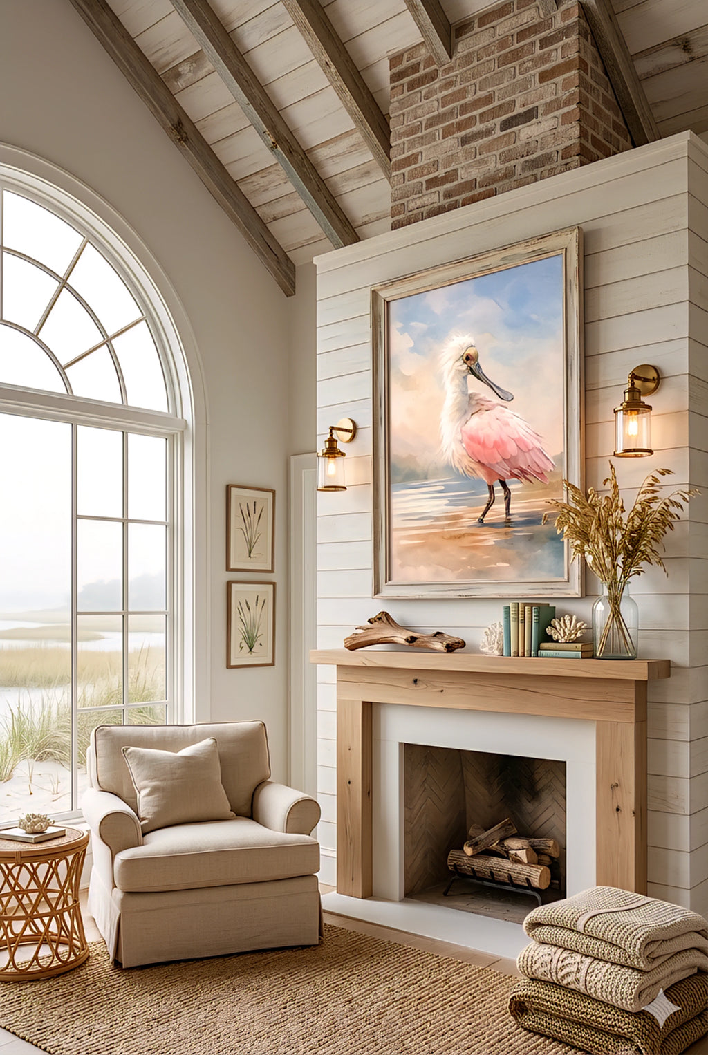 Cozy marshfront living room with a digital print  spoonbill artwork.