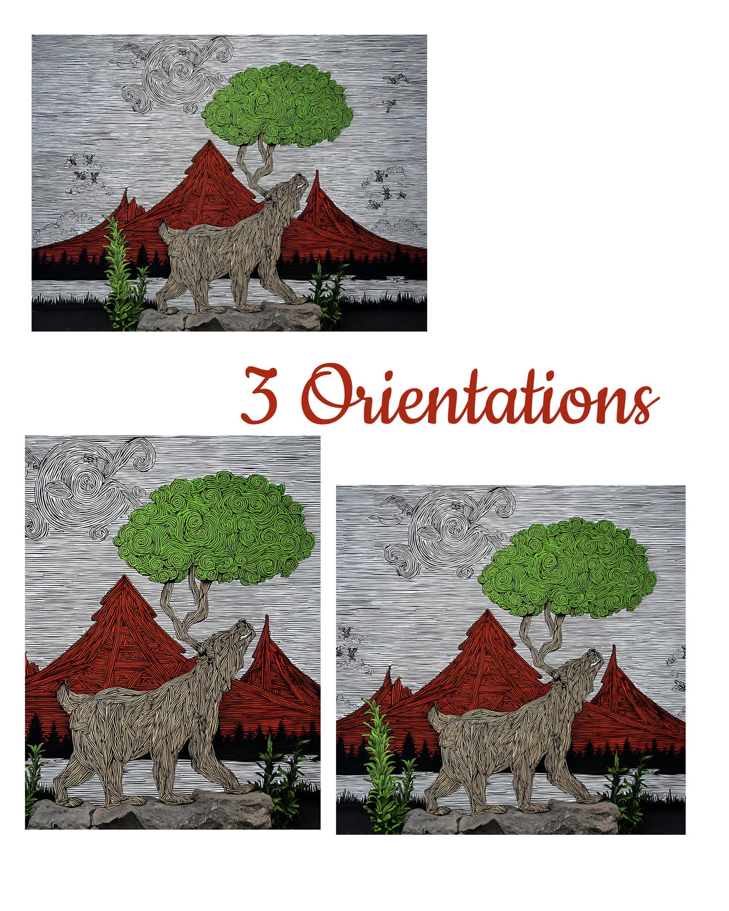 Three orientations of a bear and tree digital print