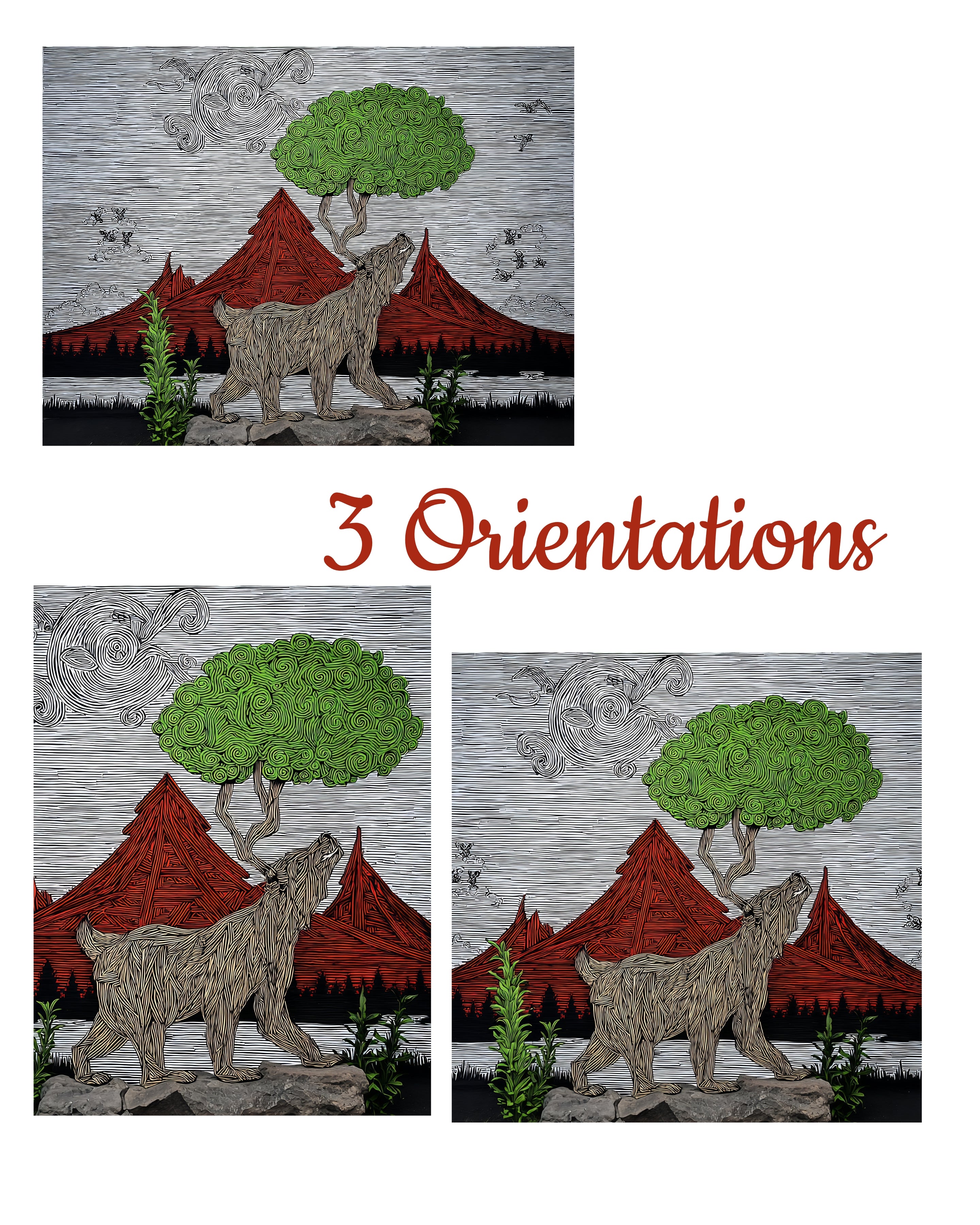 Three orientations of a bear and tree digital print