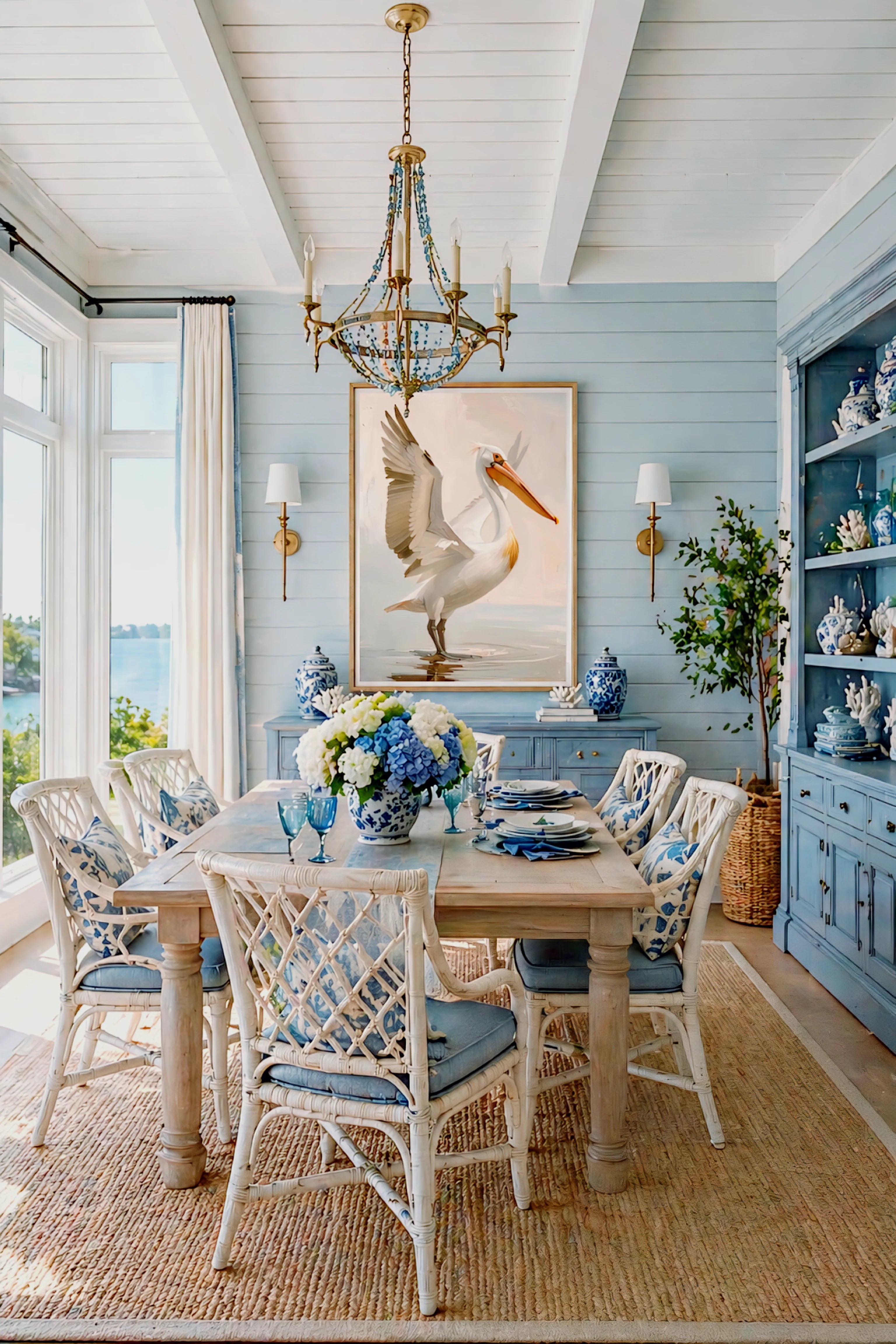 Neutral pelican digital print in coastal dining room