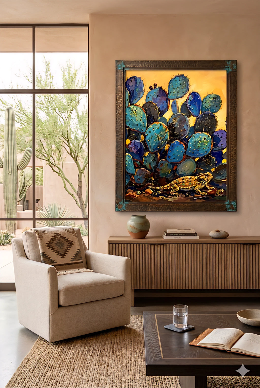 Blue cactus wall art in rustic wood frame above modern console, Southwestern prickly pear painting in bright desert-inspired living room with neutral tones and natural textures