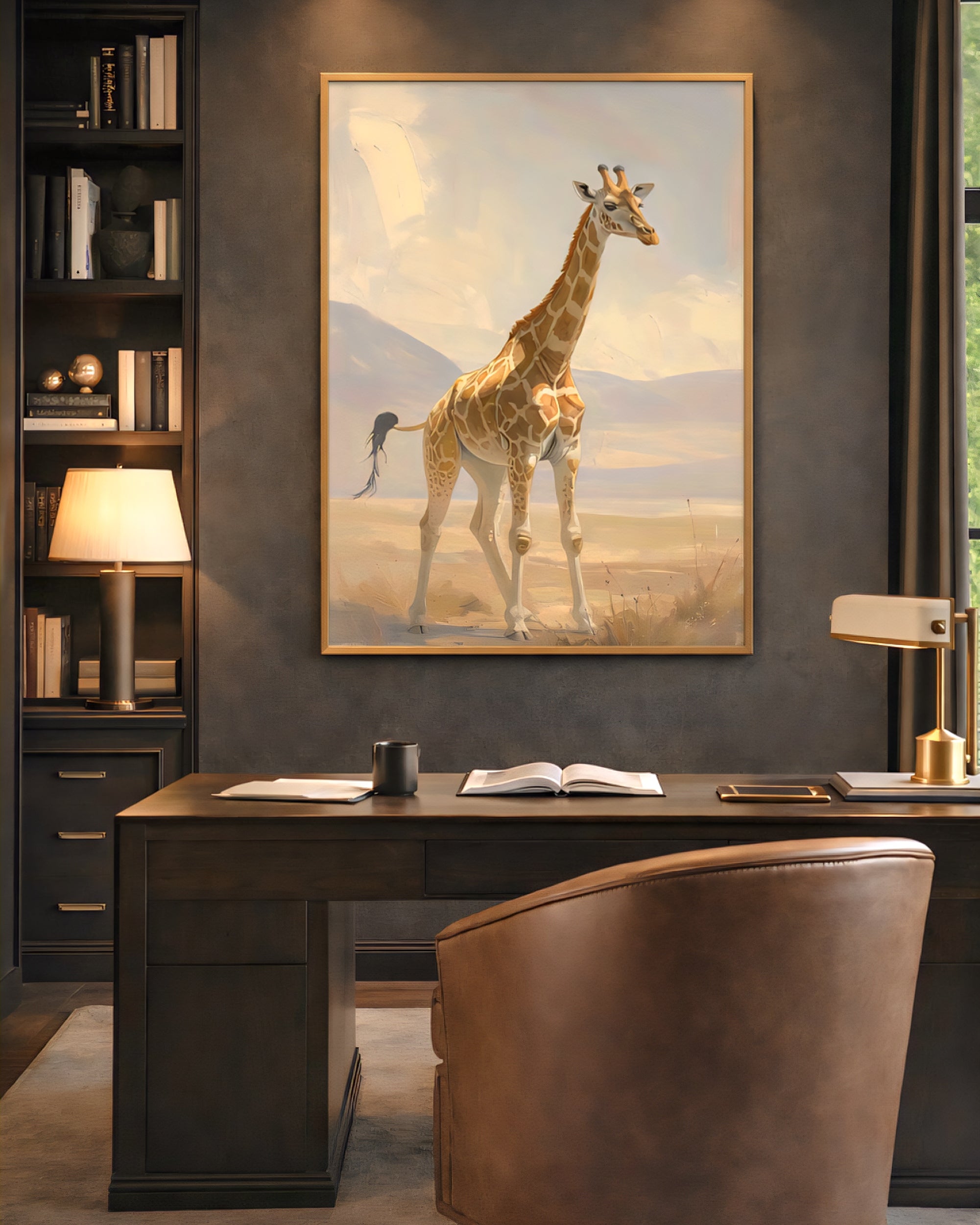 Neutral giraffe wall art printable displayed in modern minimalist study r, safari animal digital download wall decor.