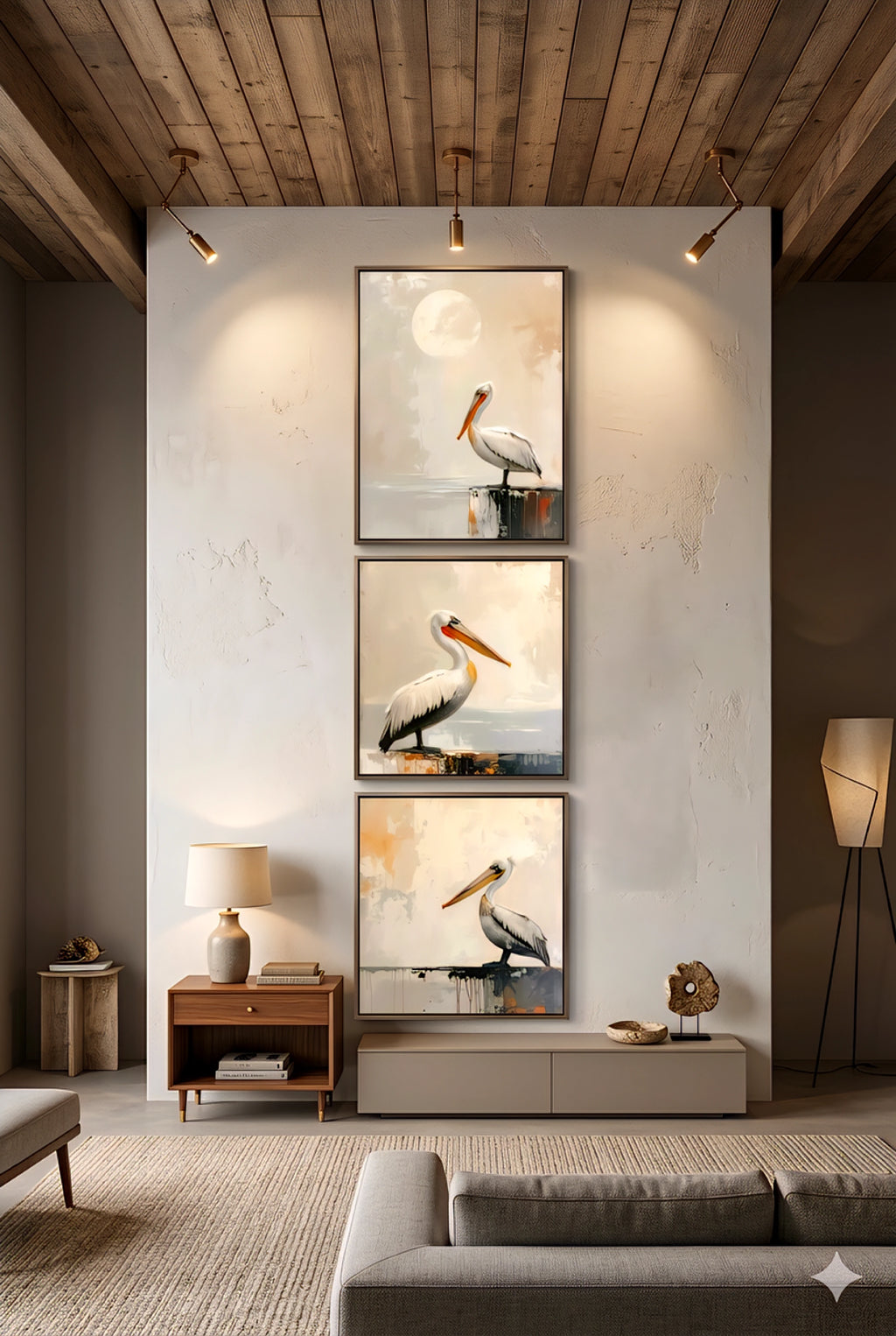Alt text
Pelican wall art set printable digital downloads arranged vertically in a modern living room with warm wood ceiling.