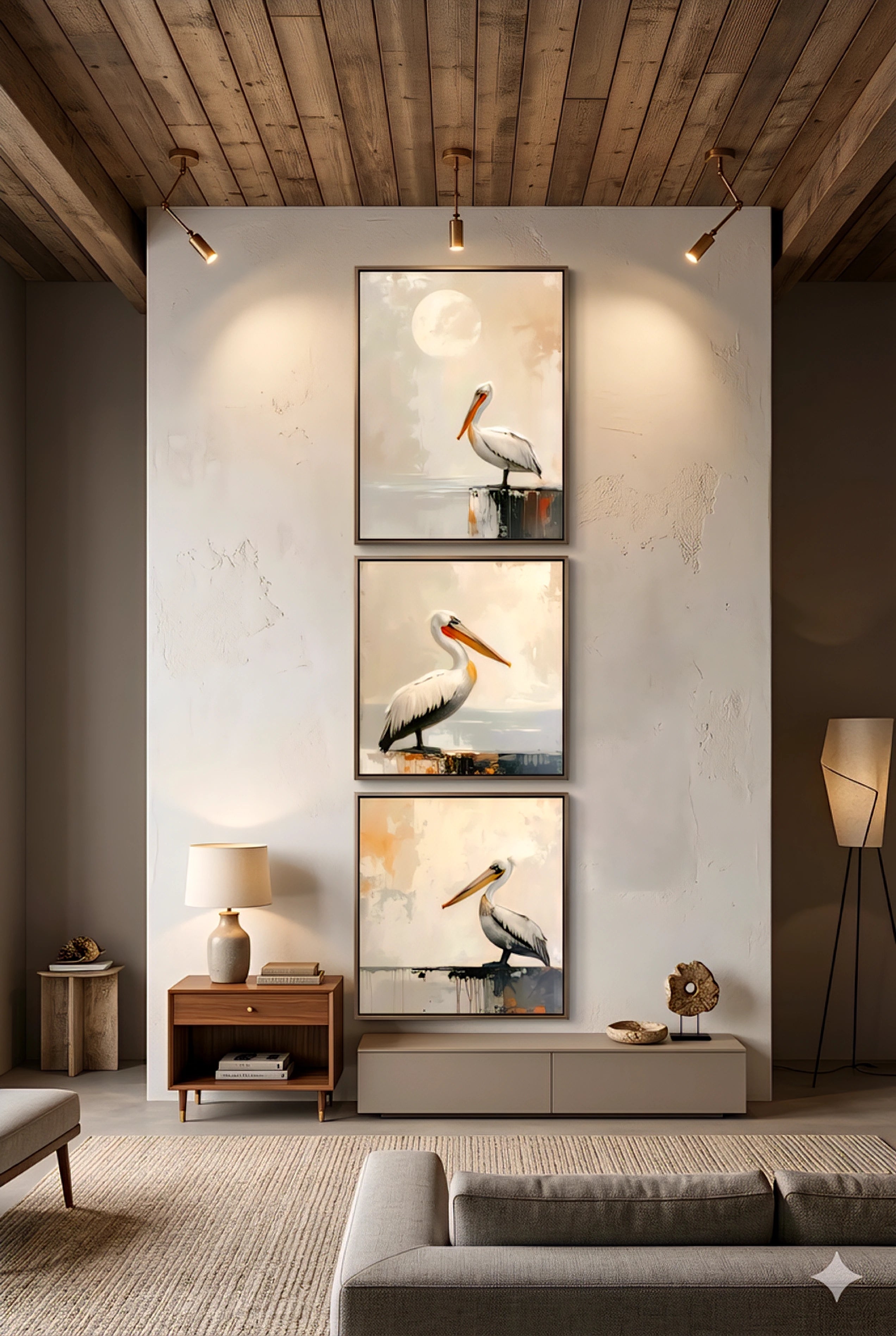 Alt text
Pelican wall art set printable digital downloads arranged vertically in a modern living room with warm wood ceiling.