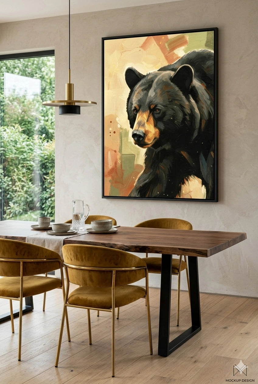 Black bear wall art in modern dining room with wood table, upholstered chairs, and neutral minimalist decor