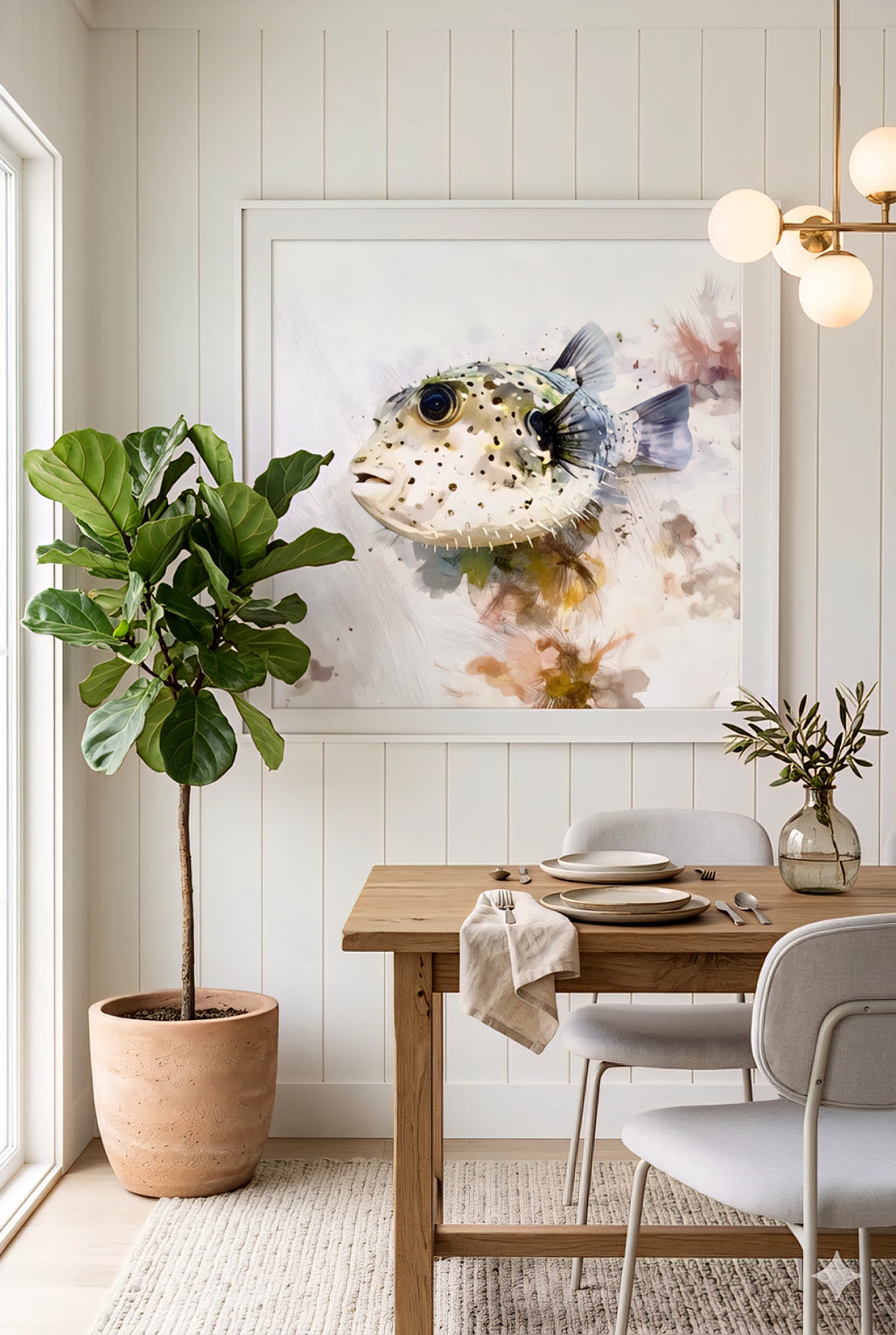 Dining room with a digital print of  large puffer fish painting on the neutral  wall.