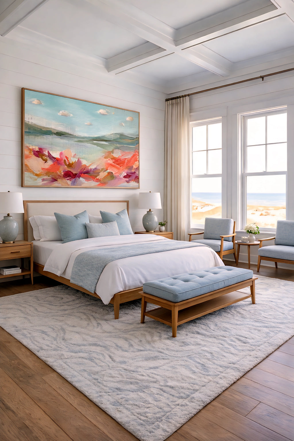 Large abstract coastal landscape wall art above bed, aqua and coral modern printable art styled in bright coastal bedroom with neutral decor and soft blue accents