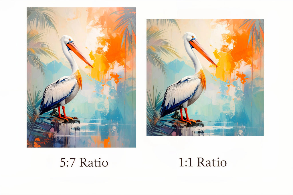 Two side-by-side images of a pelican with a 5:7 ratio on the left and a 1:1 ratio on the right, set against a tropical background.