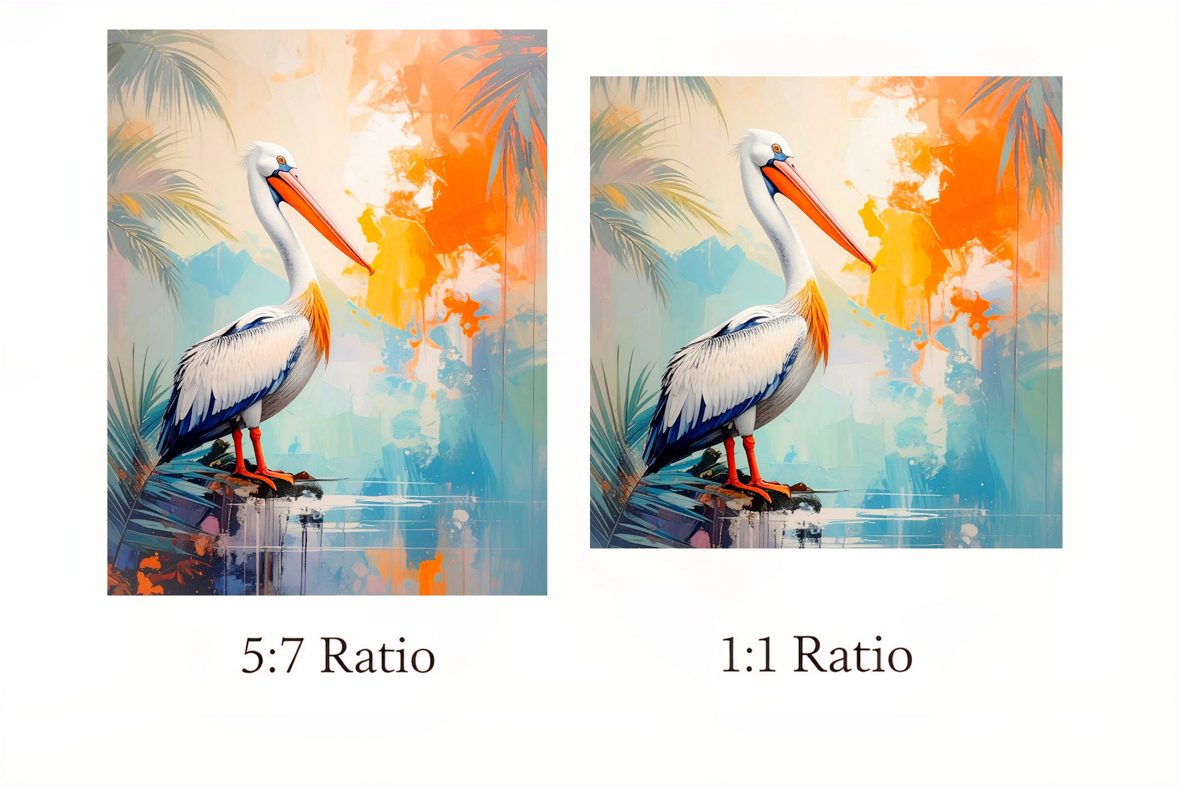 Two side-by-side images of a pelican with a 5:7 ratio on the left and a 1:1 ratio on the right, set against a tropical background.
