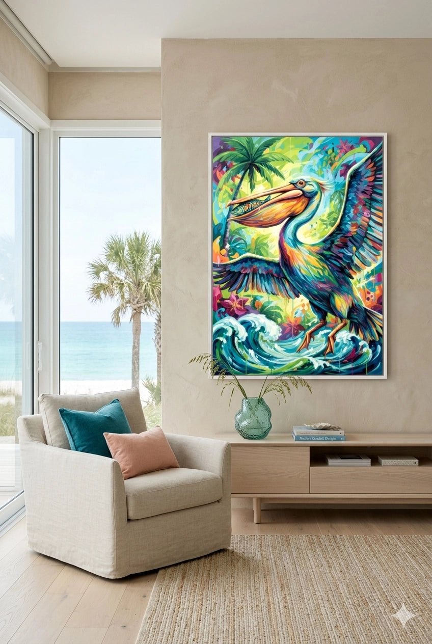 Colorful pelican wall art displayed in a modern coastal living room with ocean view, featuring vibrant tropical bird artwork above a wood console, styled with neutral furniture and beach-inspired decor.