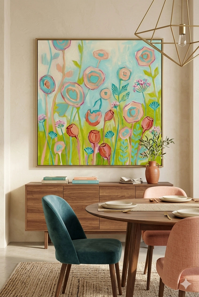 Pastel abstract floral wall art displayed above mid century dining sideboard, soft teal and blush tones add modern decorinspo to dining room
