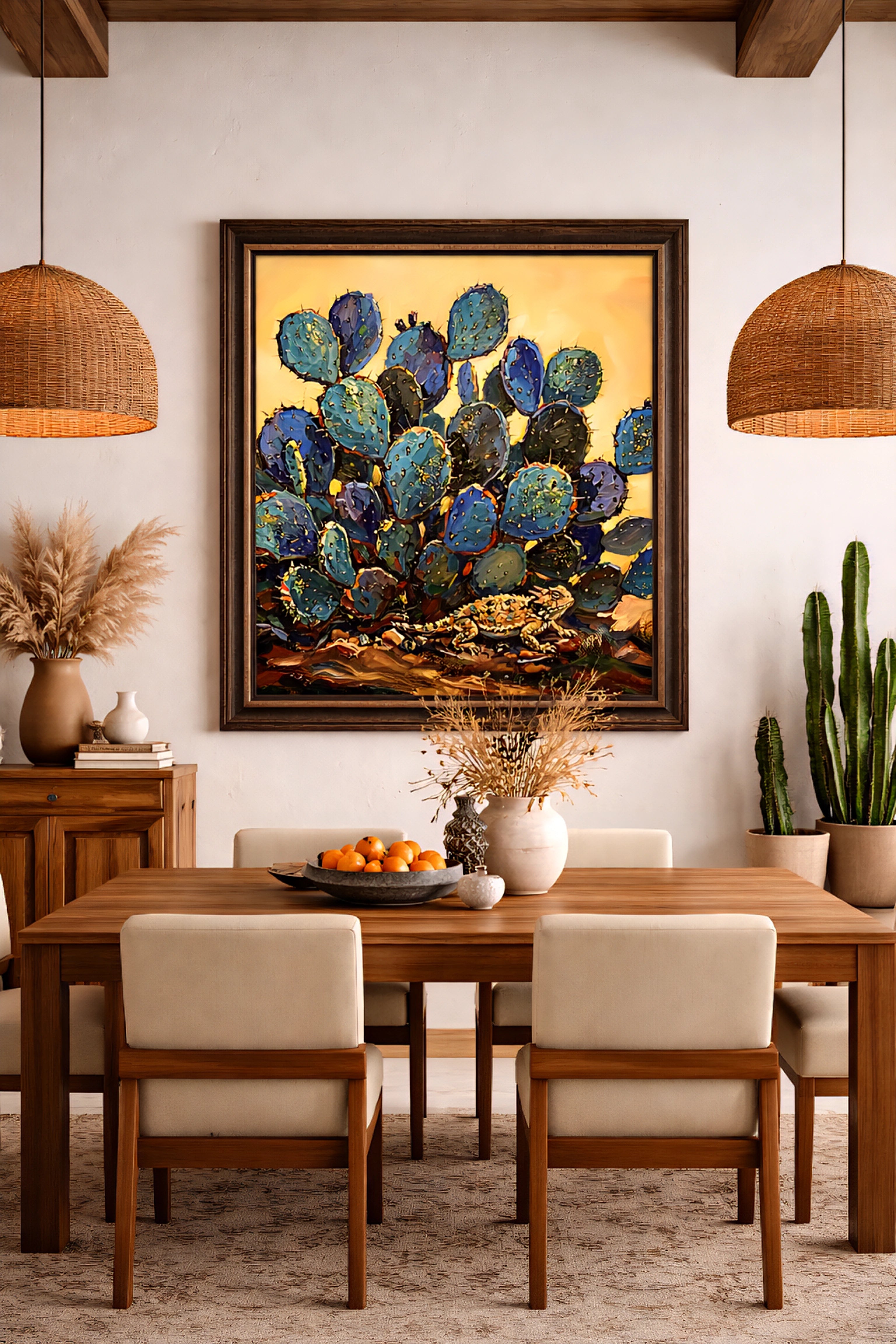 Blue cactus wall art in rustic wood frame above modern dining table, Southwestern prickly pear painting in warm neutral dining room with natural textures and desert decor