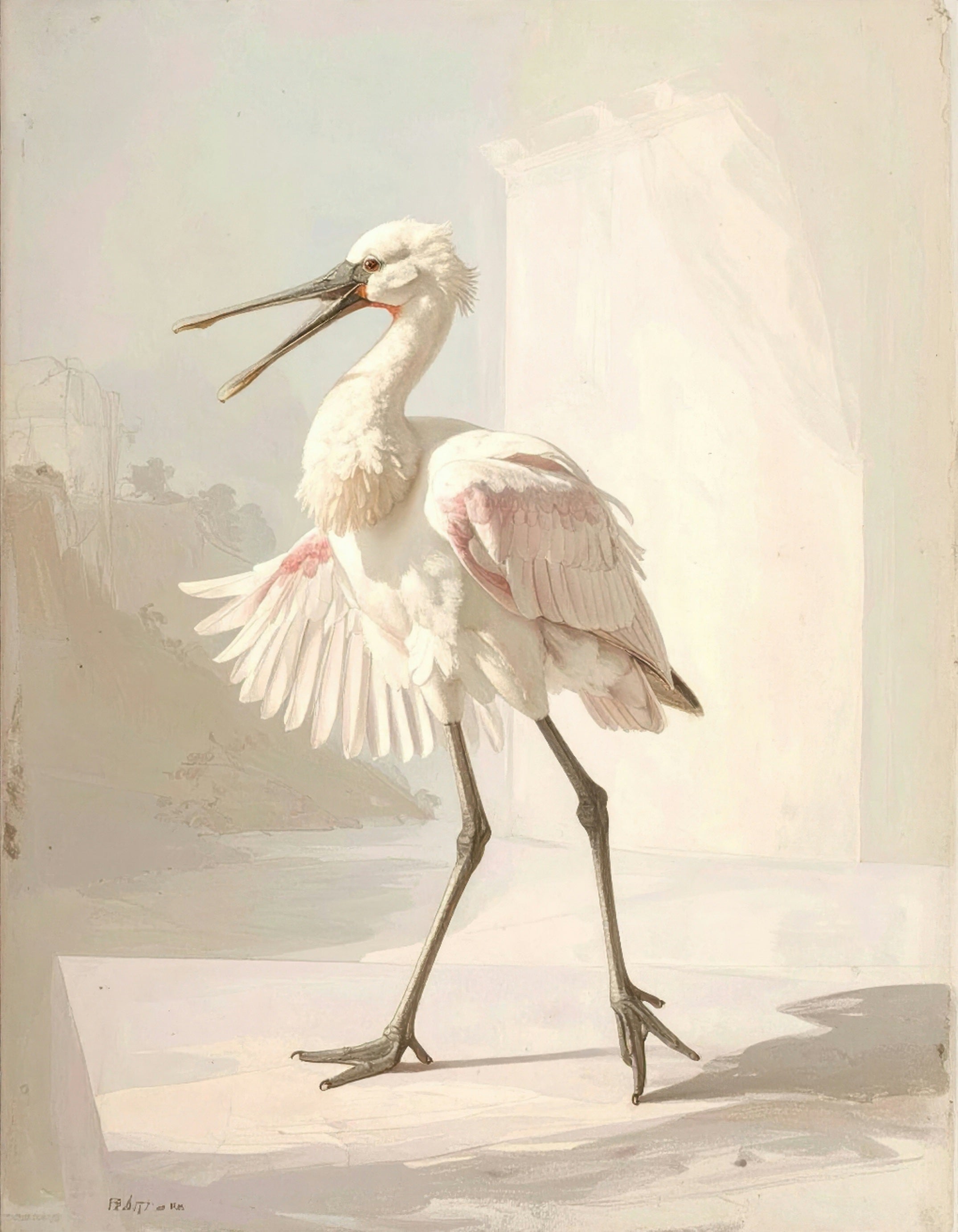 Stylized digital print of a spoonbill bird with a long beak on a light background