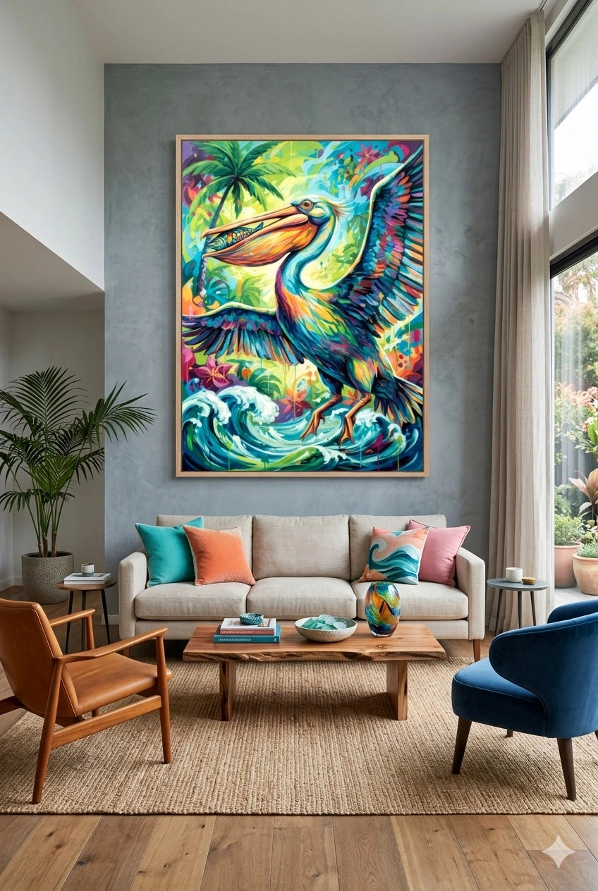 Savvy Places colorful pelican wall art displayed in a modern living room above a neutral sofa, featuring vibrant tropical bird artwork as a bold statement piece in a bright contemporary coastal-inspired space.