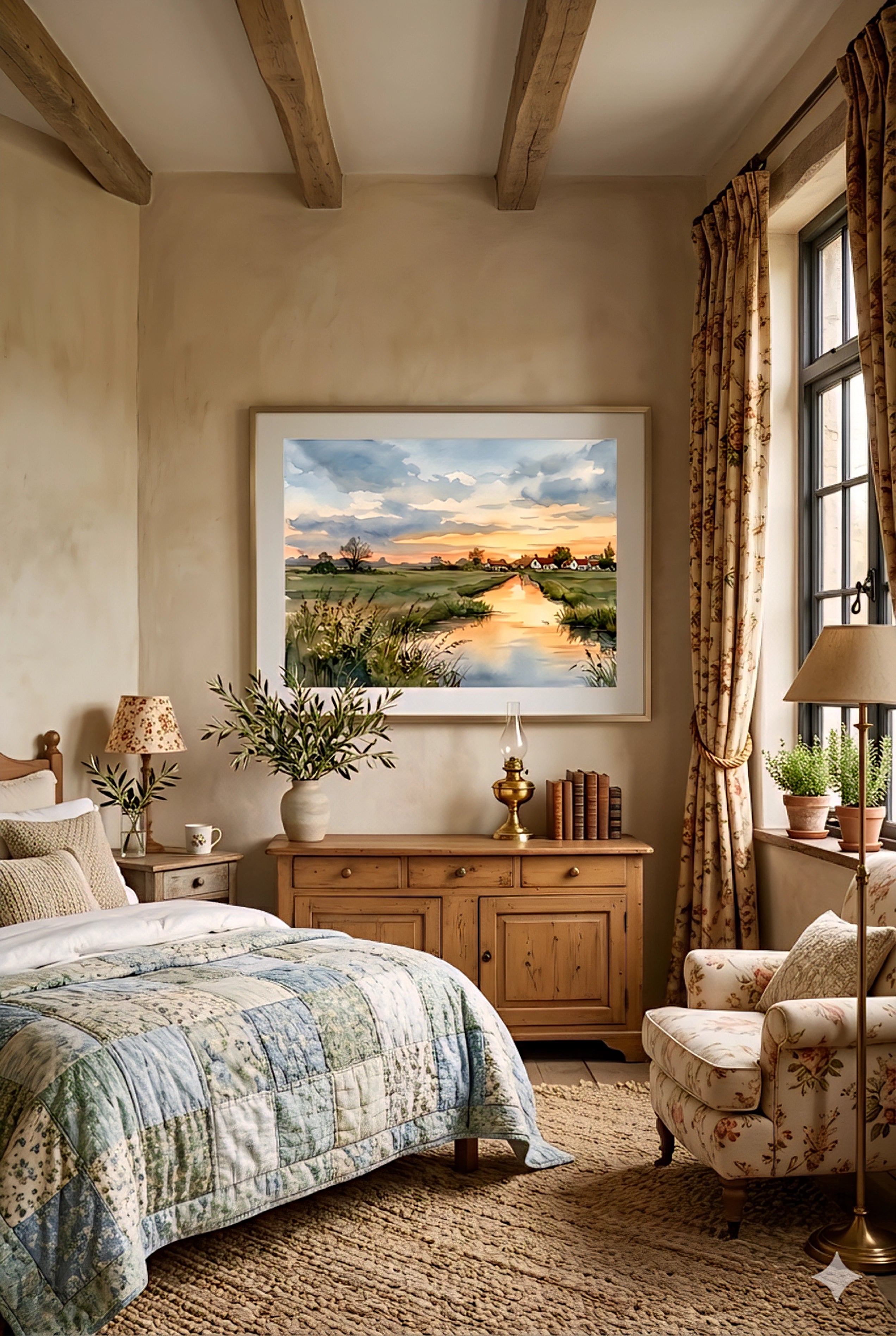 Cozy cottage bedroom with framed coastal sunset village printable wall art above wood dresser with vintage decor and warm neutral tones
