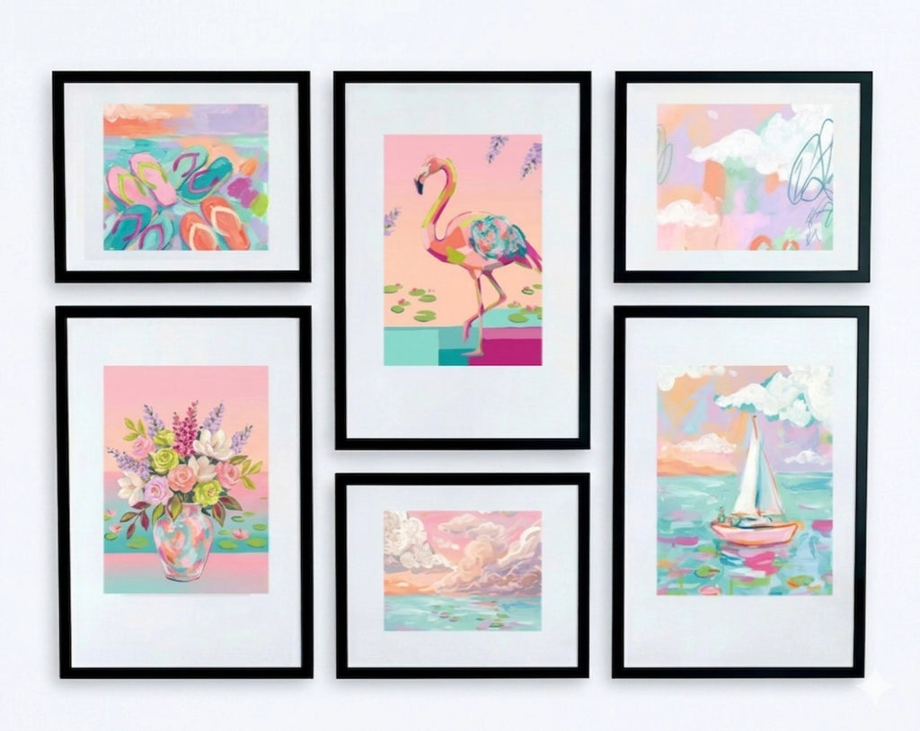 Digital download coastal gallery wall layout with 6 framed pastel beach prints, flamingo, sailboat, florals and abstract art arrangement