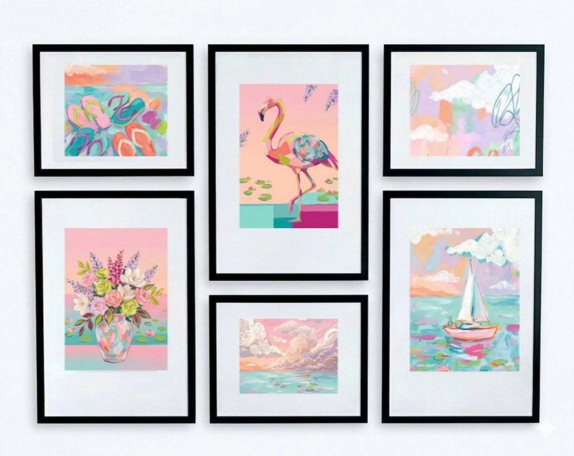 Digital download coastal gallery wall layout with 6 framed pastel beach prints, flamingo, sailboat, florals and abstract art arrangement