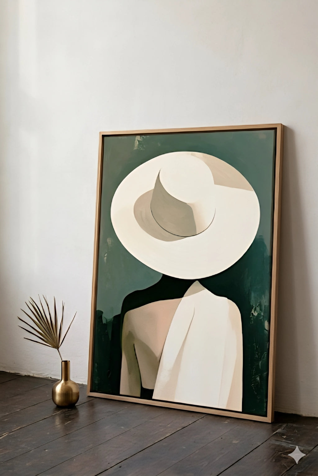 Minimalist woman with hat wall art leaning against wall with wood floor and neutral decor, modern portrait styled in simple space