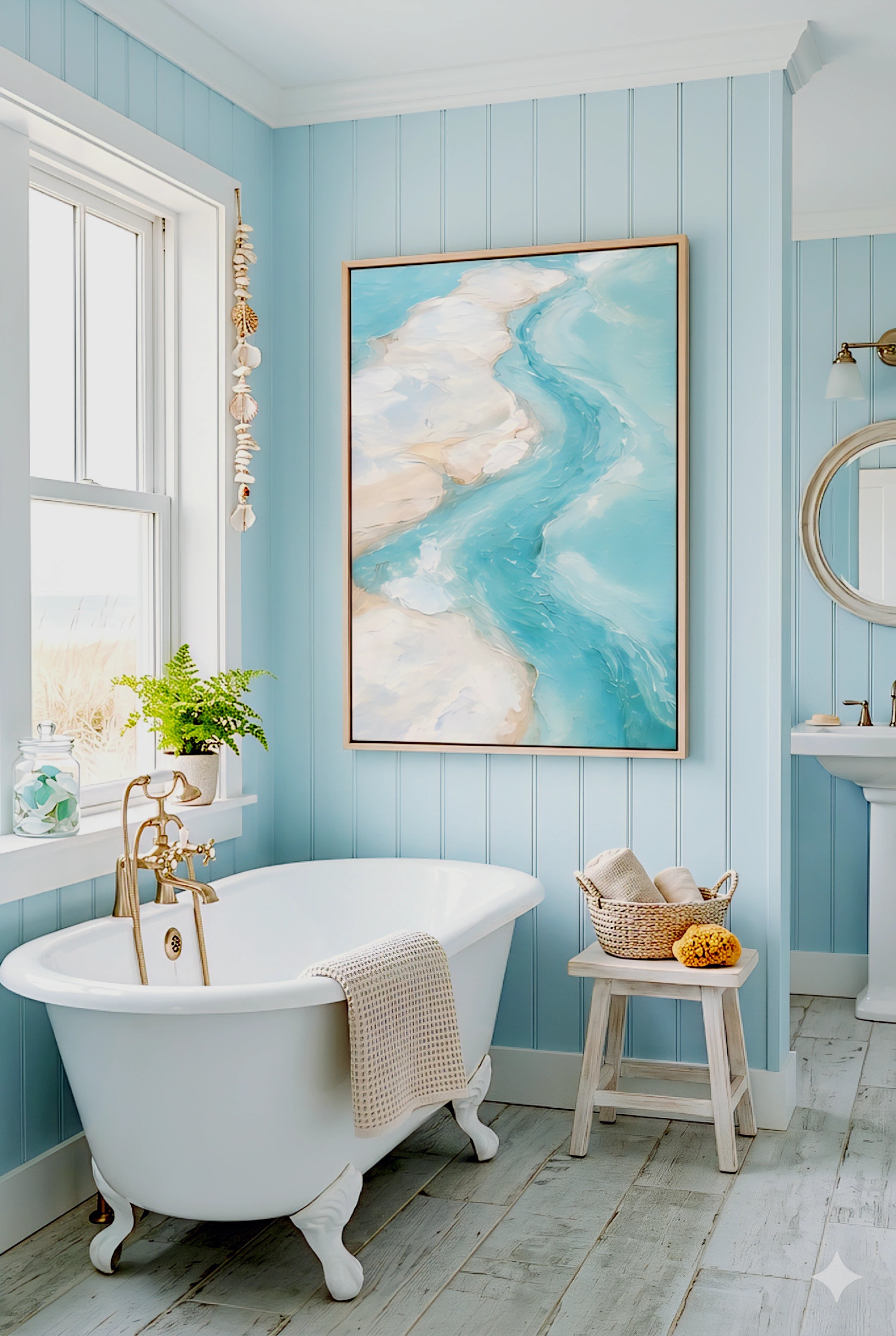 Coastal bathroom with large ocean artwork above clawfoot tub, blue walls and beach inspired decor