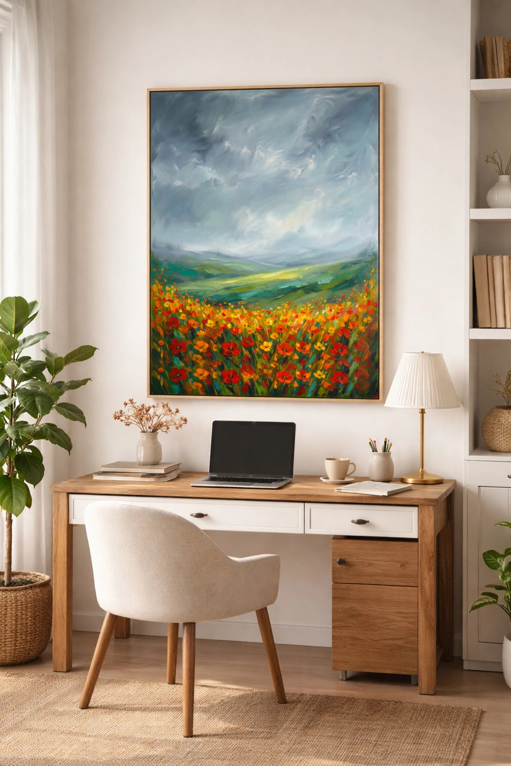 Stormy poppy field wall art above desk in modern home office, vibrant landscape printable decor
