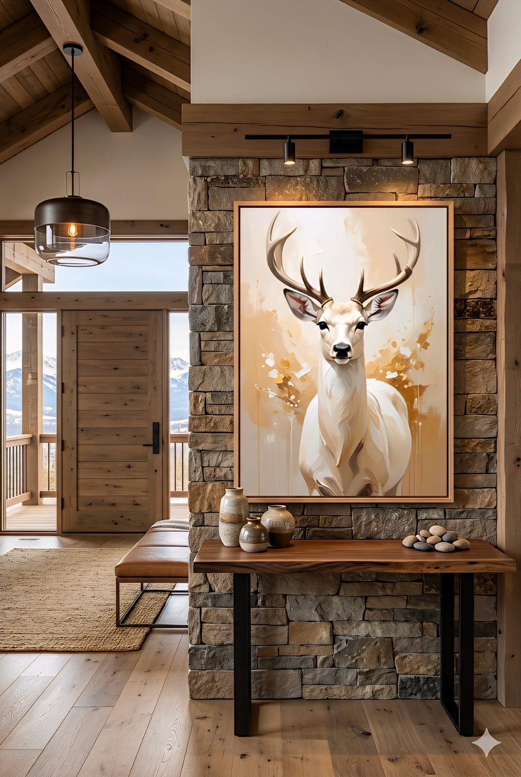 Modern deer wall art above console table in cabin entryway, modern lodge decor, stone wall, wood beams, wildlife artwork, mountain home styling