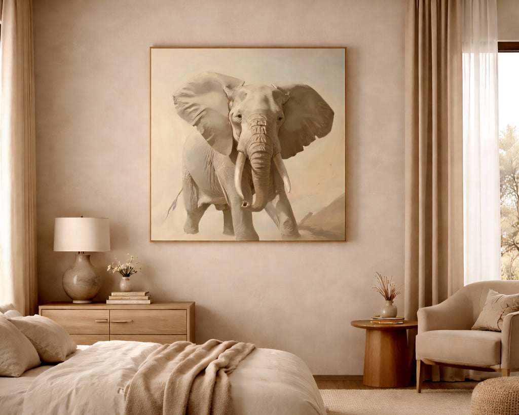 Square neutral elephant wall art printable digital download displayed in minimalist bedroom with soft neutral decor, wildlife printable wall art neutral digital download