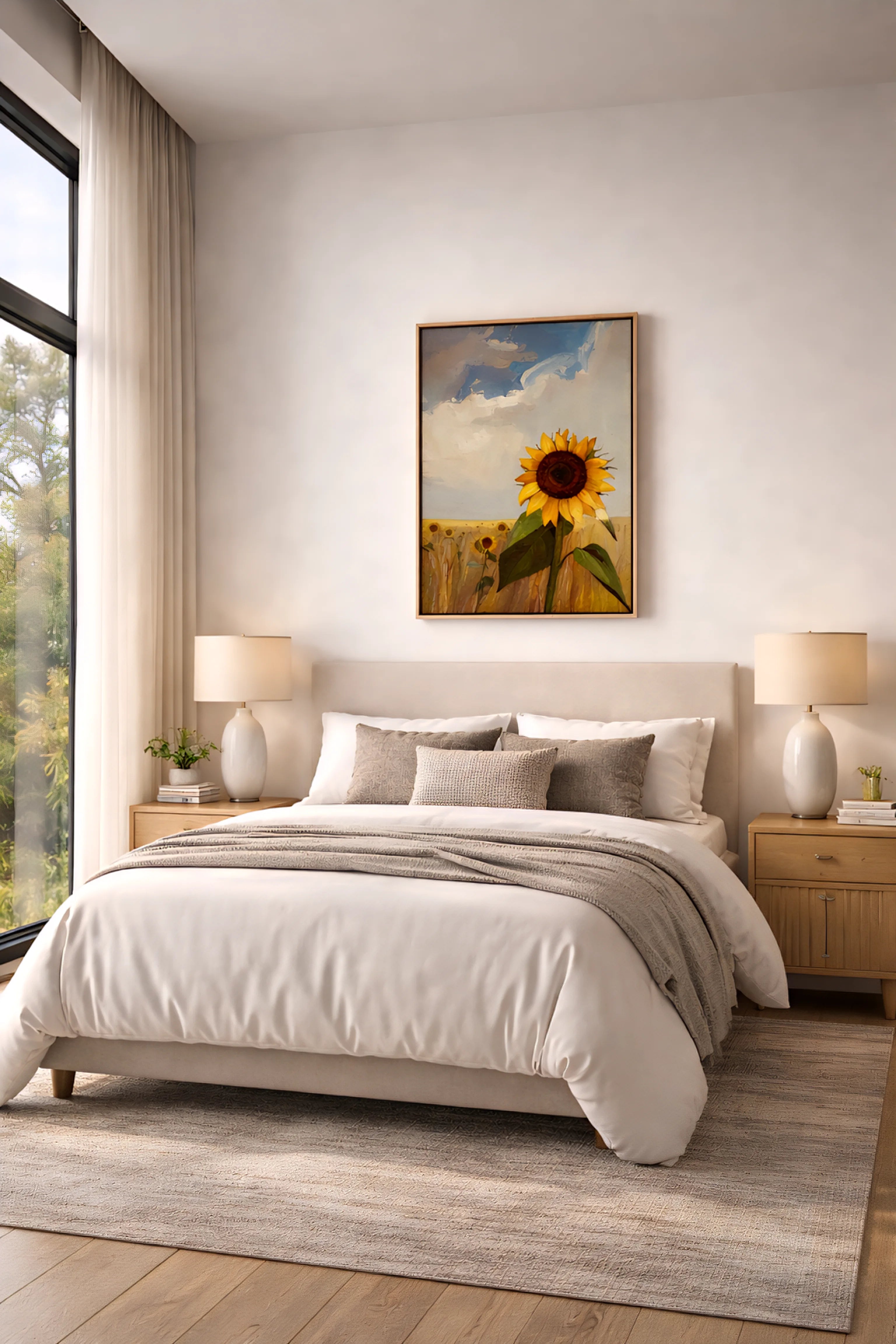 Savvy Places sunflower wall art print in a bright field landscape styled above a bed in a soft neutral modern bedroom.