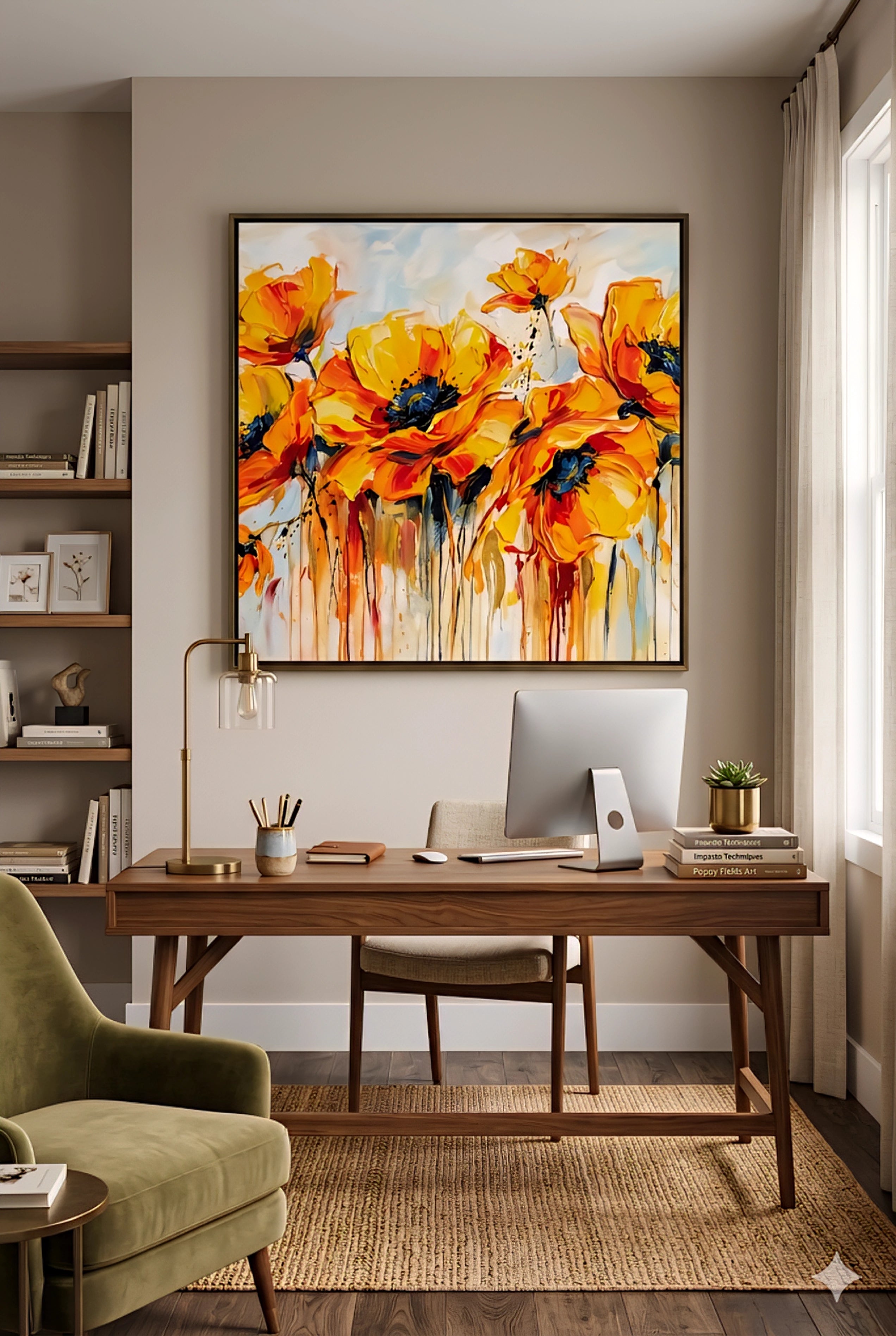 Bold yellow and orange floral abstract wall art displayed above a modern home office desk, large vibrant flower print digital artwork mockup.