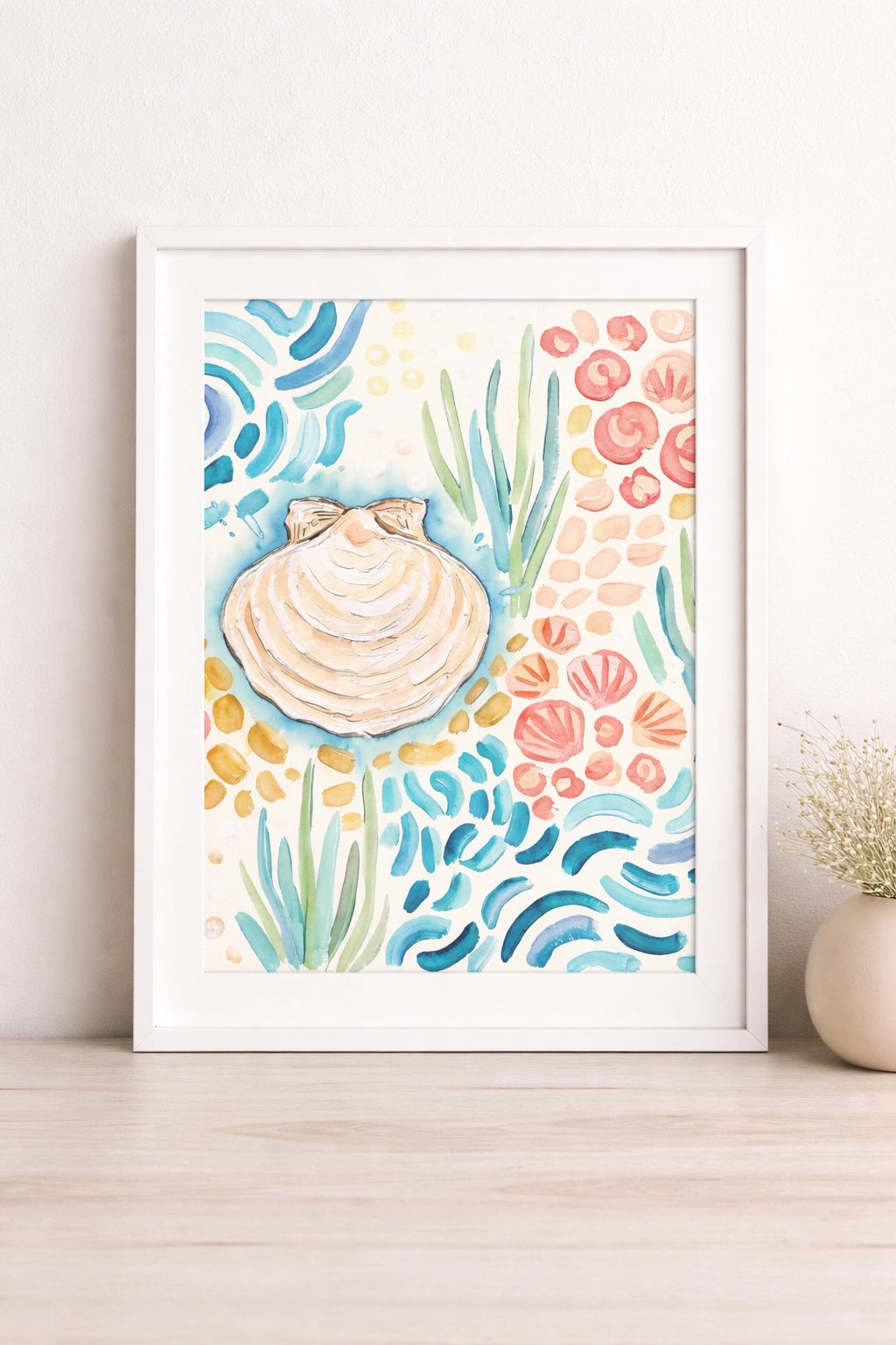 Framed digotal artwork with a shell and underwater-themed design on a white wall.