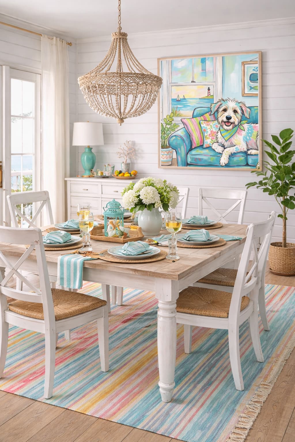 Coastal dining room with white table and chairs, aqua accents, woven chandelier, and colorful dog wall art above buffet in bright beach cottage decor
