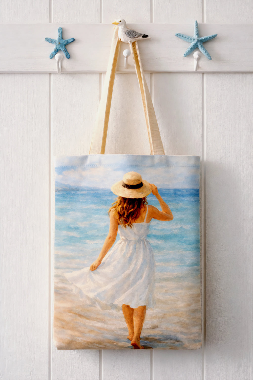 Tote bag used as art in coastal home. 