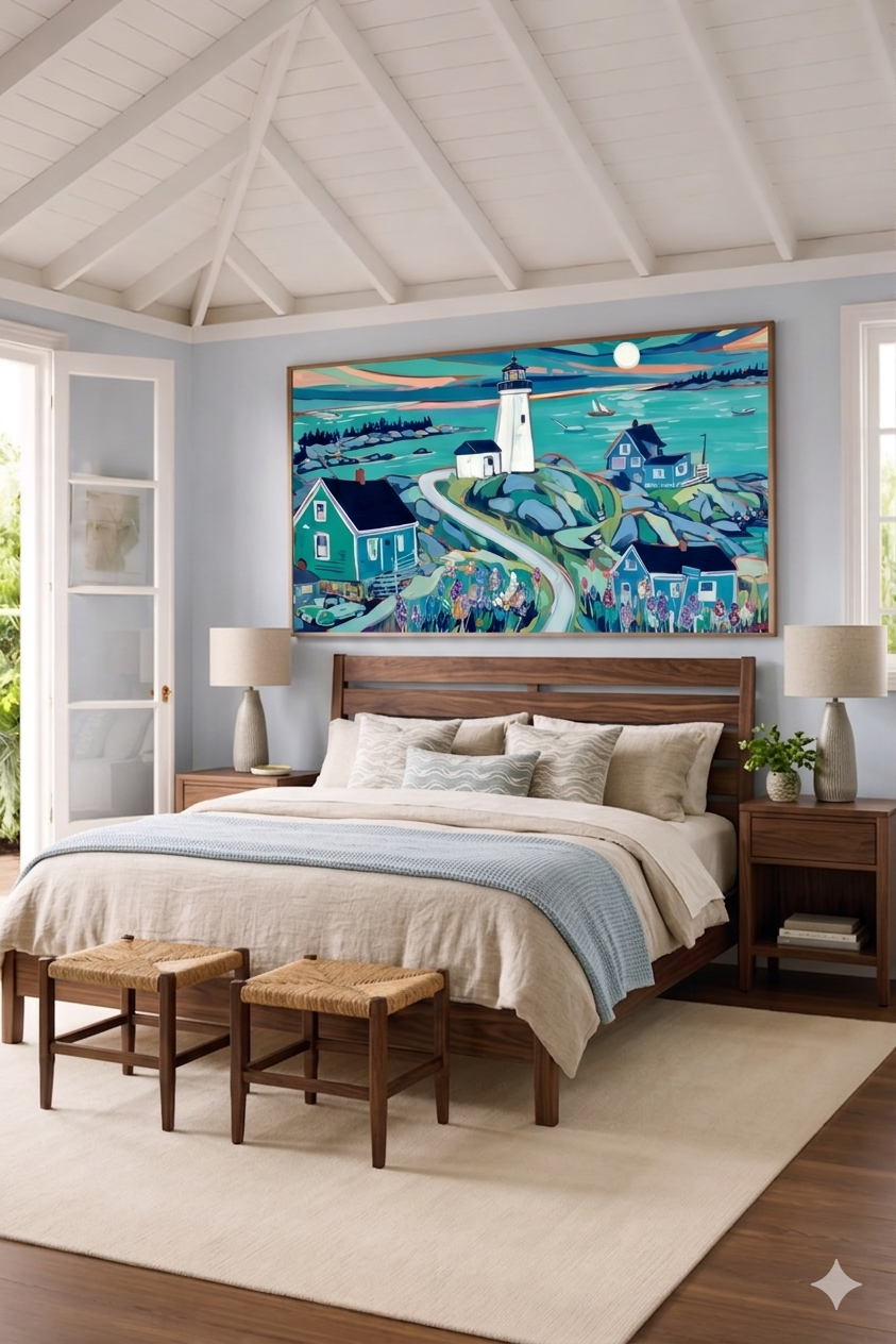 Airy coastal bedroom with vaulted ceiling, wood bed, and neutral linens, styled with a colorful lighthouse seascape wall art featuring ocean waves, sailboats, and seaside cottages, creating a relaxed beach house decor focal point, digital download wall art