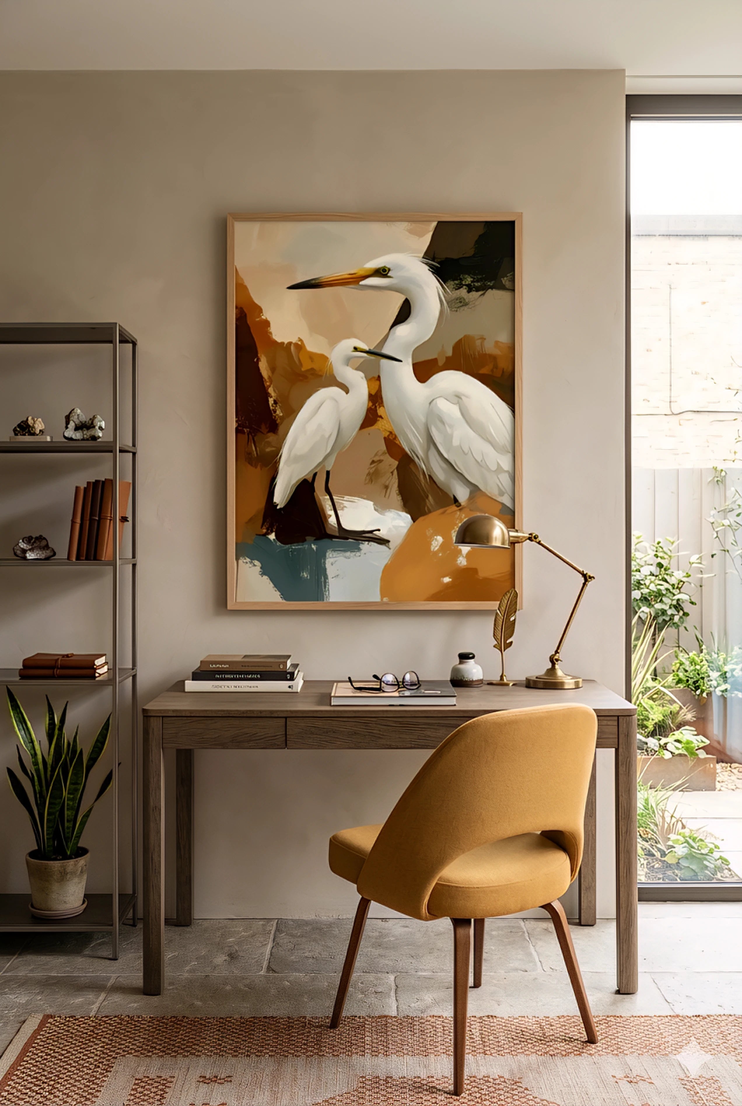 Savvy Places coastal bird wall art featuring white herons styled above a desk in a warm modern home office with natural accents.