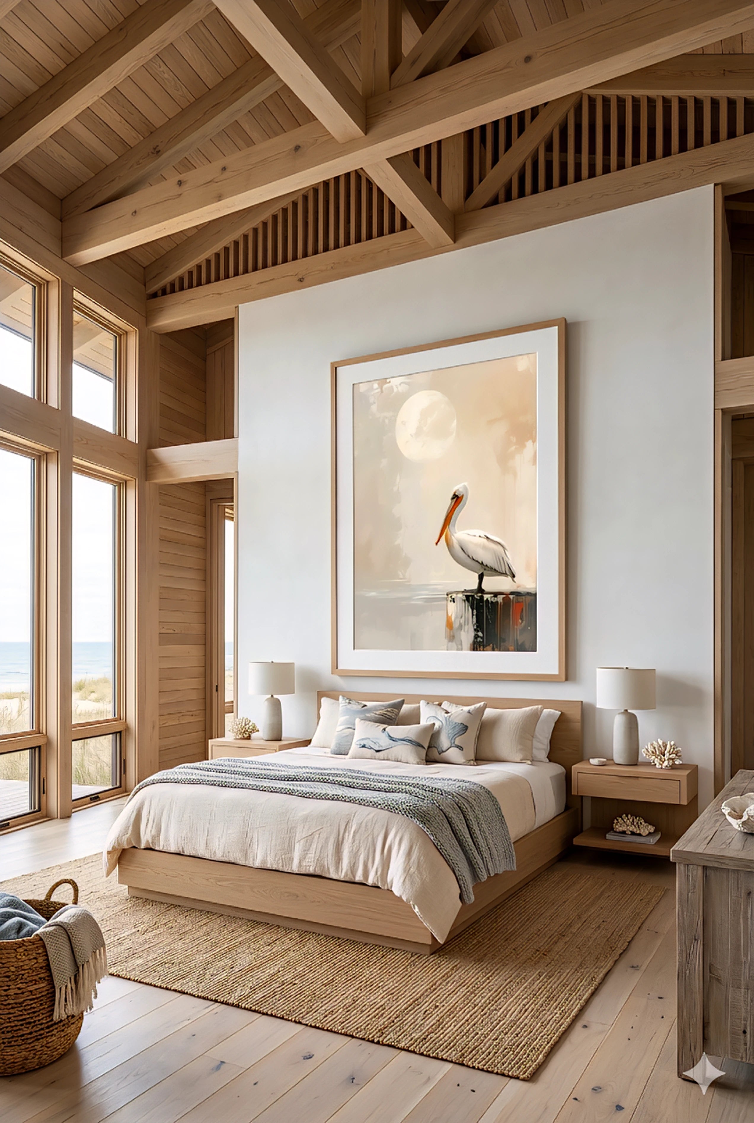 Coastal master bedroom with large pelican wall art printable digital download above bed in a light beach house interior.