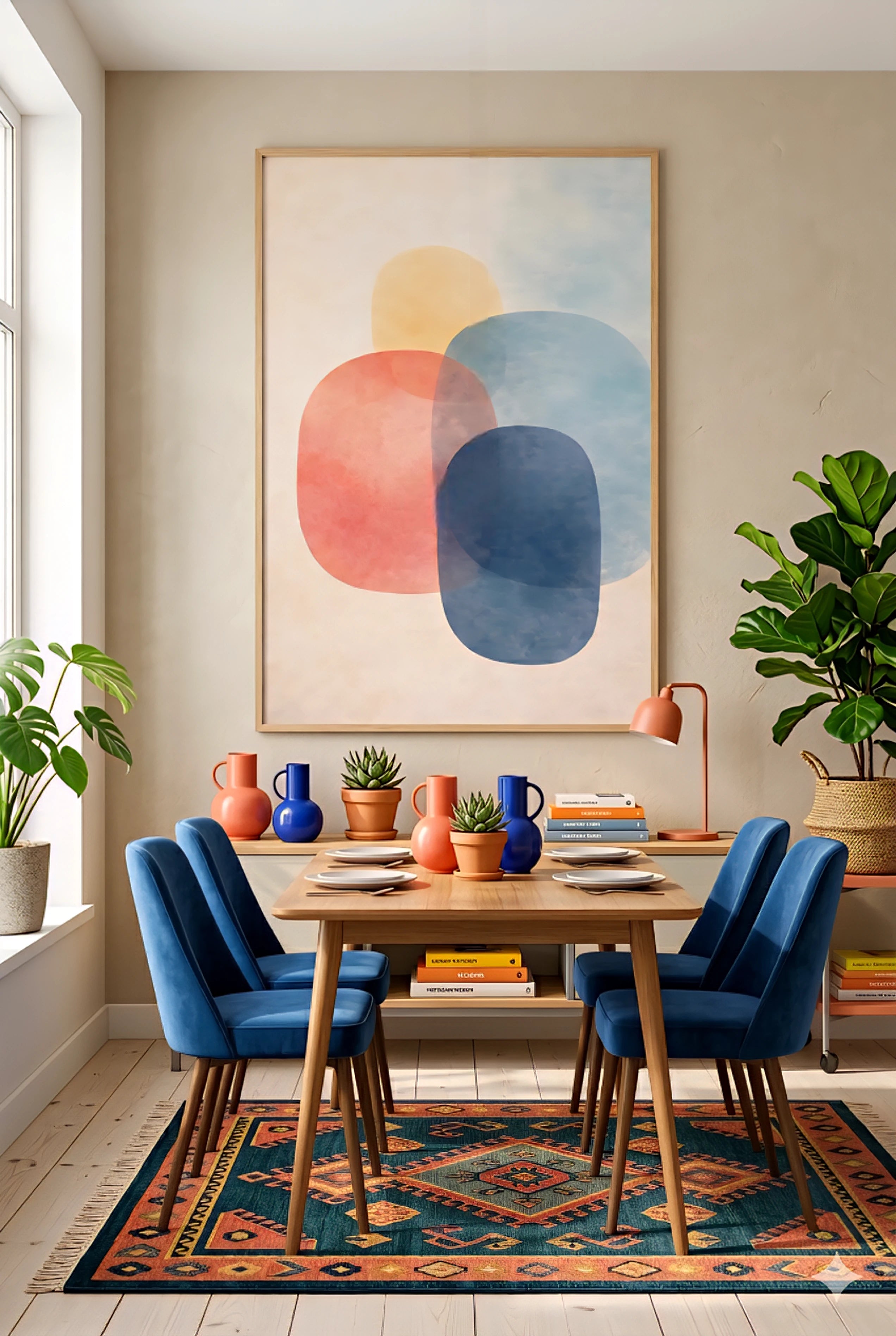 Boho Dining room with a wooden table and blue chairs, colorful digital abstract art on the wall, and decorative elements.