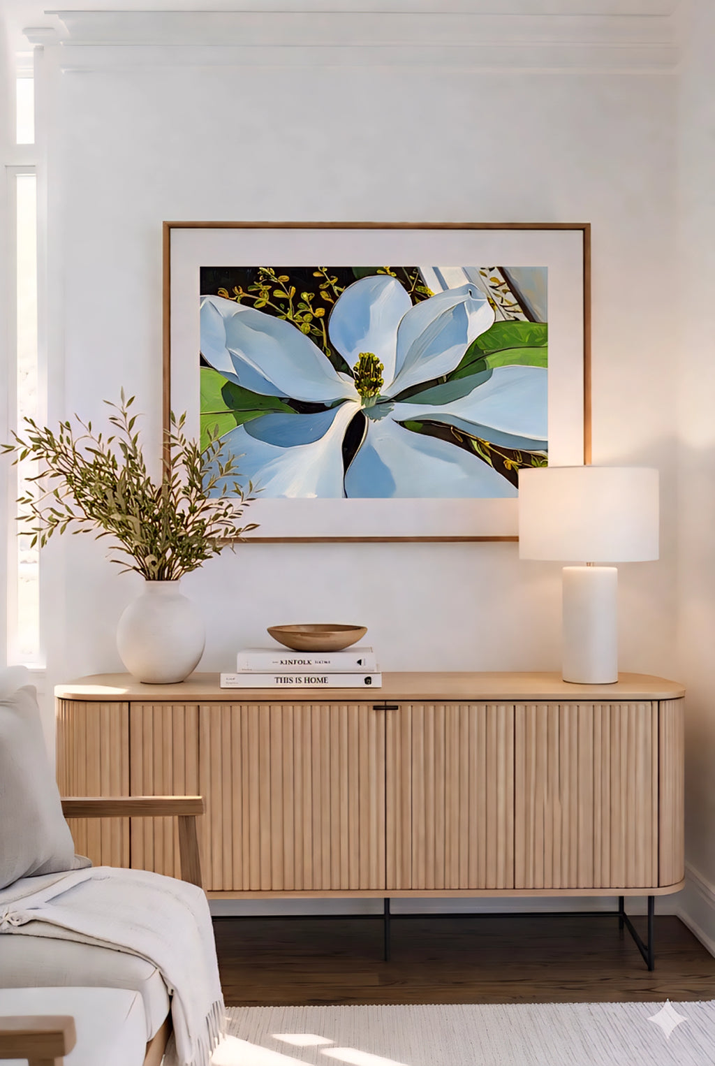 Magnolia wall art printable above modern console table, large white flower artwork in neutral living room, botanical digital download, minimalist home decor print with warm wood and soft tones