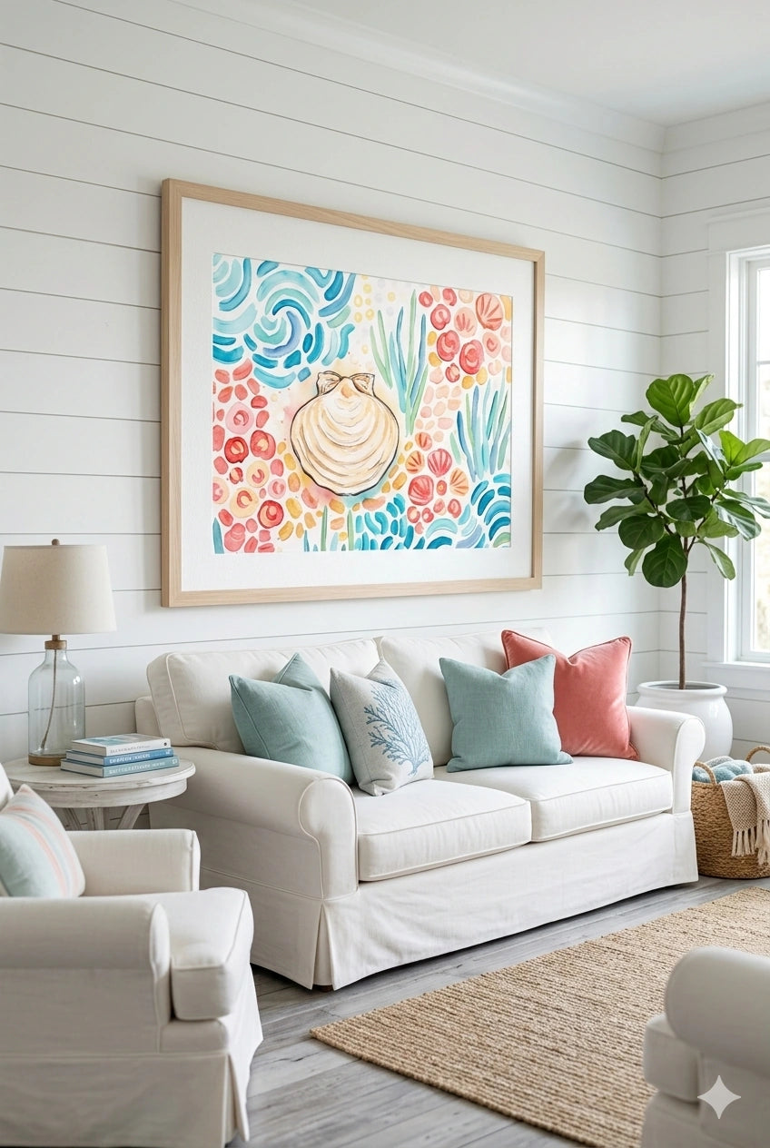 Coastal shell watercolor wall art above sofa in beach living room, large framed decorinspo